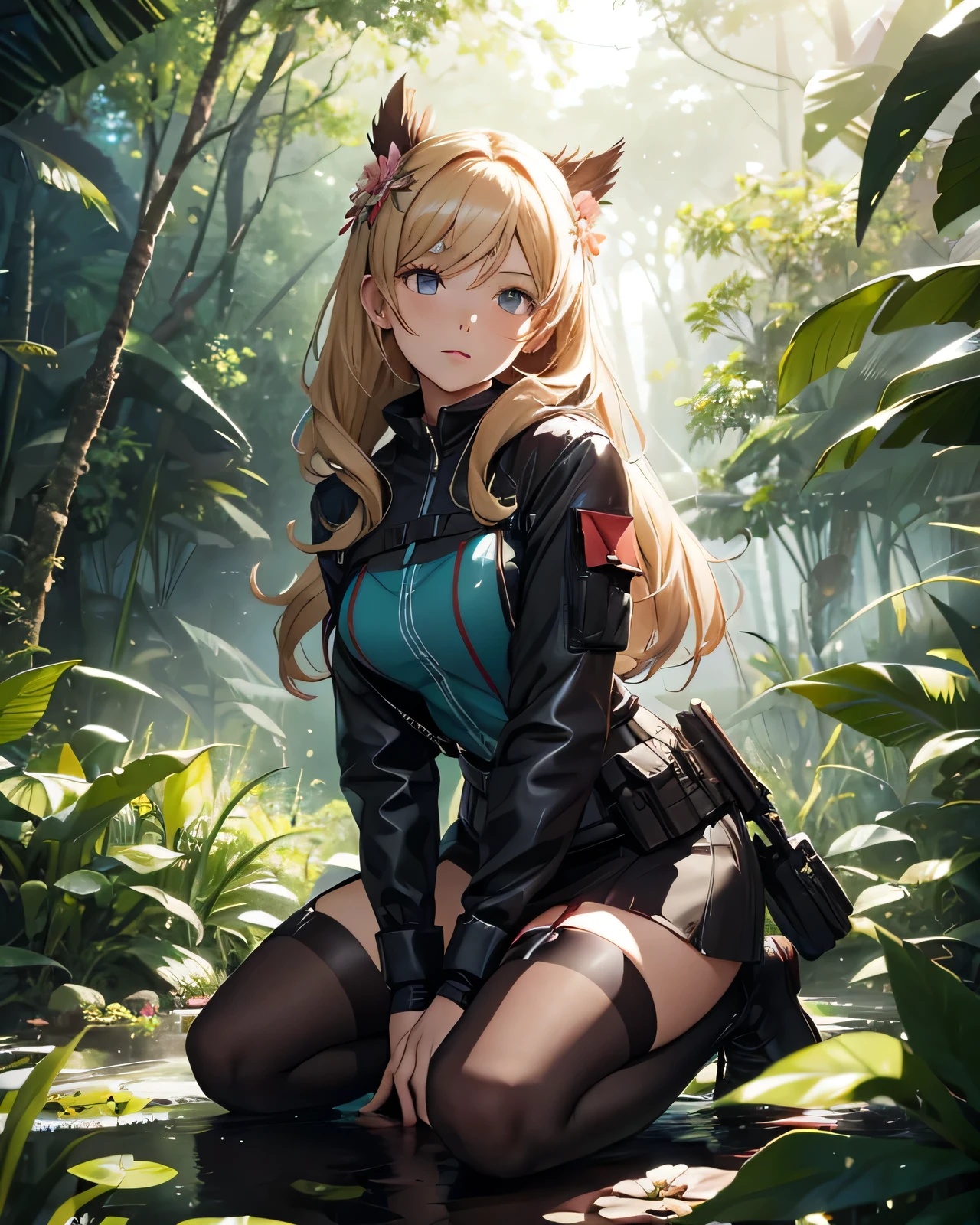 Masterpiece, Top Quality, 1girl, (Young Woman), Solo, Blonde Twin Tails, Big, Cat Ears, (Golden Eyes), (Long White Parker), T-shirt, Hot Pants, Black Fishnet Stockings, Happy, Looking Up, (Wooded Park) --auto --s2