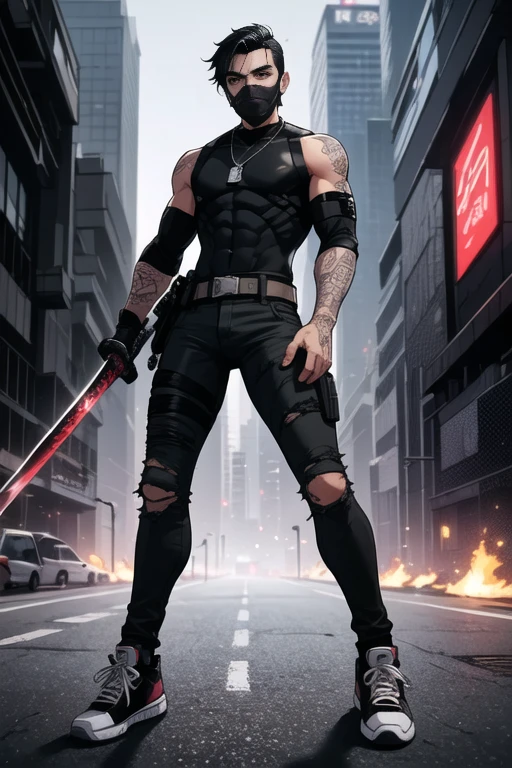 Black Snake, ((best quality)),((Masterpiece)),(detailed), perfect face, ((male,)) ((men,))
((black hair,)) ((black eyes,)) ((tattooed arm,)) ((ripped jeans,)) ((all stars shoes,)) ((cyberpunk,)) 
((black warrior suit,)) (( katana sword)) ((face mask,)) ((black pants,)) ((necklace,)) 
((grey Military  belts,)) (( sneakers,))  future armor, asiatic, ((grey belts,))  
((Tactical Chest Rigs,))
((solo,))
Knife, 
