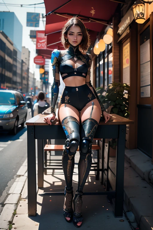 Girl-robot sitting at a table in a sidewalk cafe, best quality, high quality, absurdres, masterpiece, beautiful, intricate details, 1/2 body crop, slim body, beautiful figure, magnificent anatomy, (intricate details:1.12), HDR, (intricate details, hyper-detailing:1.15), (natural skin textures, hyper realisitc, soft light, Sharp:1.2)