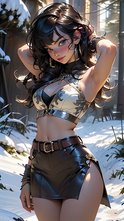 ((((Xena The Warrior Princess)))),barbarian girl,1girl,
(large breasts:1.4),((((long brown hair, layered cut,bangs)))),(((blue_eyes:1.3))),intricate eyes,beautiful detailed eyes,symmetrical eyes,((((lustrous skin:1.5,tanned skin,bright skin: 1.5,skin tanned,shiny skin,very shiny skin,shiny body,Reflective skin)))),(spider lower abdomen,narrow waist,wide hip,athletic body,inflated legs,thick thighs,(detailed face)),beautiful detailed lips,Muscles,(Muscles: 1.2), ((strong and healthy body)), ((((more) Muscles))),
cute,slutty,sensual,seductive look,seductive,((erotic)),opulent,sumptuous,((nsfw)),
clothing with a warrior, Greek and Amazonian style, timeless and with a feminine touch, ((leather bodice that covers her chest and abdomen, adorned with metallic details and embroidery)), ((Xena's skirt is very short and fluid, skirt leather with side slits)),Xena wears metal bracelets,A wide leather belt,Xena wears a necklace with an amulet that protects her from evil,((leather bralette that exposes her abdomen)),((cleavage)),
(flirtatious pose:1.3), looking at viewer,embarrassed,centered,scale to fit dimensions,Rule of thirds,
((snowy barbarian palace)),winter,scenery:1.25,((intricate scenery)),((snow forest background)),snow everywhere,(,snowy barbarian palace background,snowy pyramids in the background),extremely scenery,(puddles everywhere),clouds,barbarian style,barbarian castle,(sunset, golden hour),
(Glossy barbarian ornaments),highres,sharp focus,(ultra detailed,extremely detailed),(photorealistic artwork:1.37),(extremely detailed CG unity 8k wallpaper),(((vibrant colors,vibrant theme))),(intricate),(masterpiece),(best quality),artistic photography,(photography taken by sldr),(intricate background),perfect rendered face,perfect face details,realistic face,photo realistic,((intricate detail)),(((realism))),