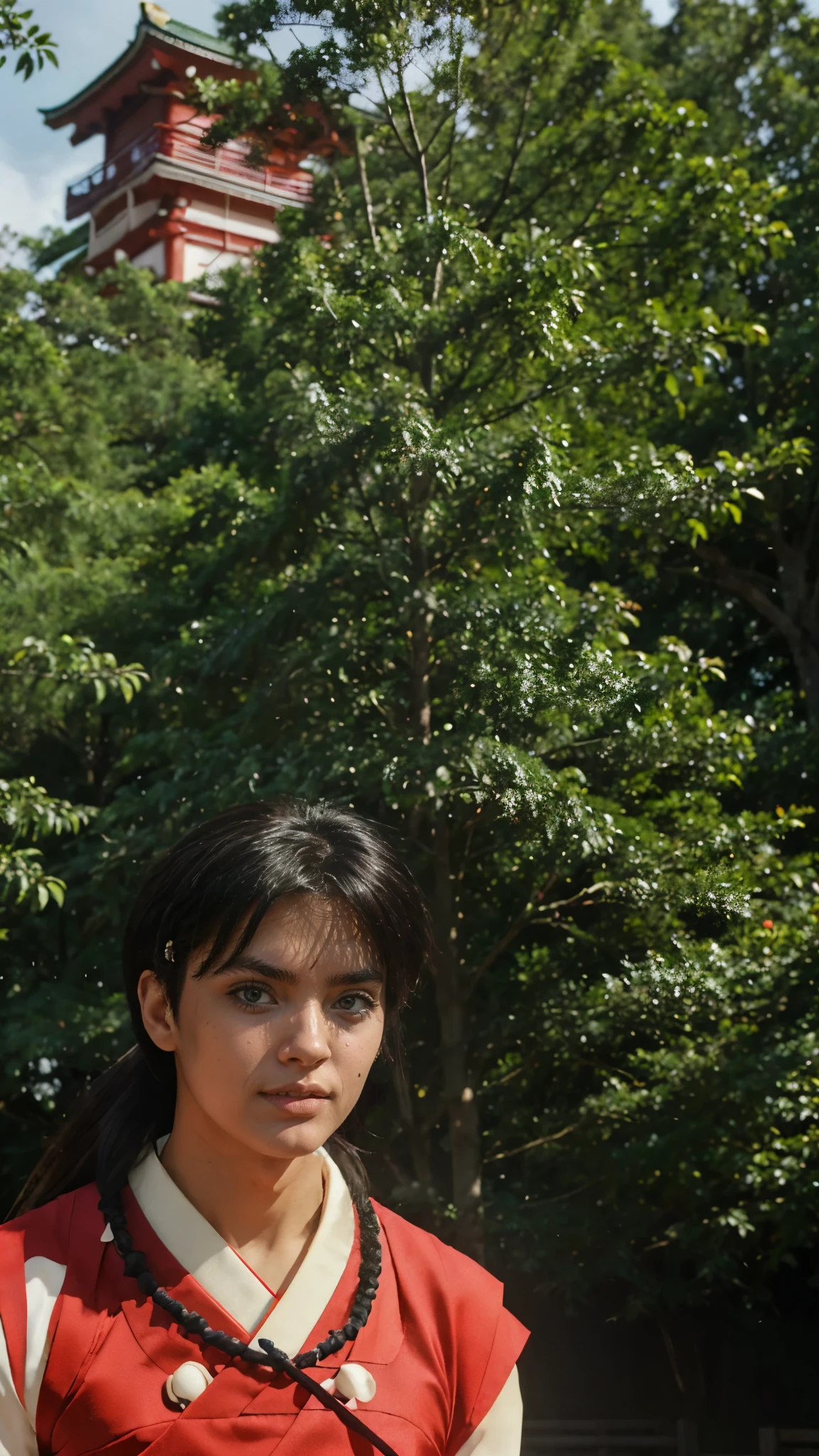 （of a guy, inuyasha, ((upper body, head turned to the side)), japanese forest with a shrine in the background,daytime, standing, detailed eyes, detailed face, handsome, ((young)), good looking