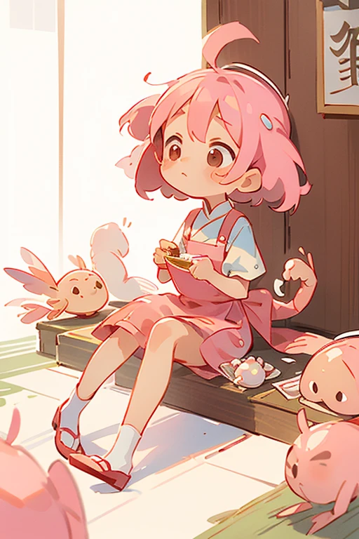 Little girl, cute, Guangdong morning tea, shrimp dumplings, shrimp, wearing apron, light pink hair, sitting posture, IP, blind box, aggrieved, proportion three headed body, Q version