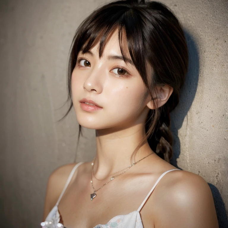 Rembrandt Lighting, (Photorealistic:1.2), (highest quality), (Detailed skin:1.3), (Intricate details), Ray Tracing,One girl, In detail,real, One Girl, Very beautiful face and eyes,Long Hair, 顔front, (Intricate details), dramatic, Ray Tracing, 顔front, Braid, Scattered beneath the surface, front, bangs, Hair between the eyes, One girl, Cute Japanese Girl,Detailed skin texture, Bare skin above the collarbone, Shoulder Bare Skin, masterpiece, highest quality, High resolution, View your viewers、Pop Idol,