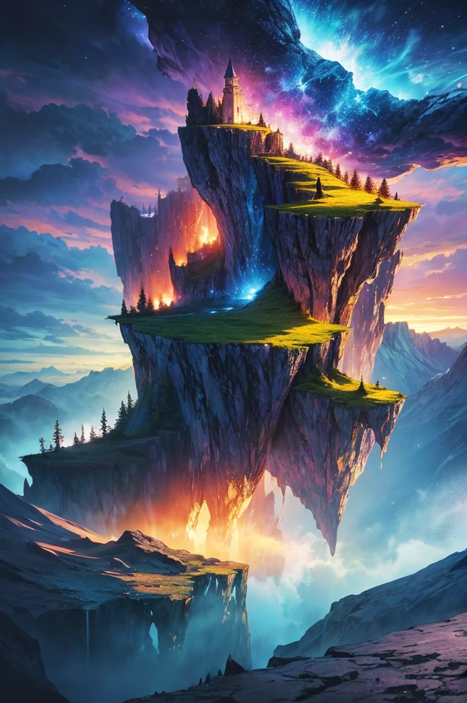 Photographs that capture the essence of a magical dream world. An epic cliff,Hanging over a beautiful lake, Surreal and vivid colors illuminate its reflection. The atmosphere is otherworldly, The soft night light casts a flowing shadow. The image creates a sense of depth and mystery, It's as if the audience is taken into another dimension., Create beautiful and memorable work. Shot with Canon EosIII Zeiss 120mm wide angle lens