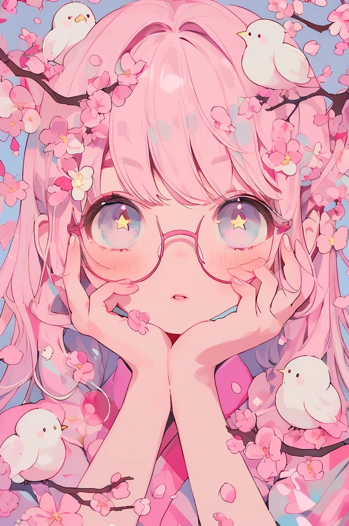 Cherry blossoms and cute little bird, cute illustration, braided bangs, cute girl, big eyes, stars in the eyes, long eyelashes, thick eyebrows, delicate makeup, cute lips, light pink lipstick