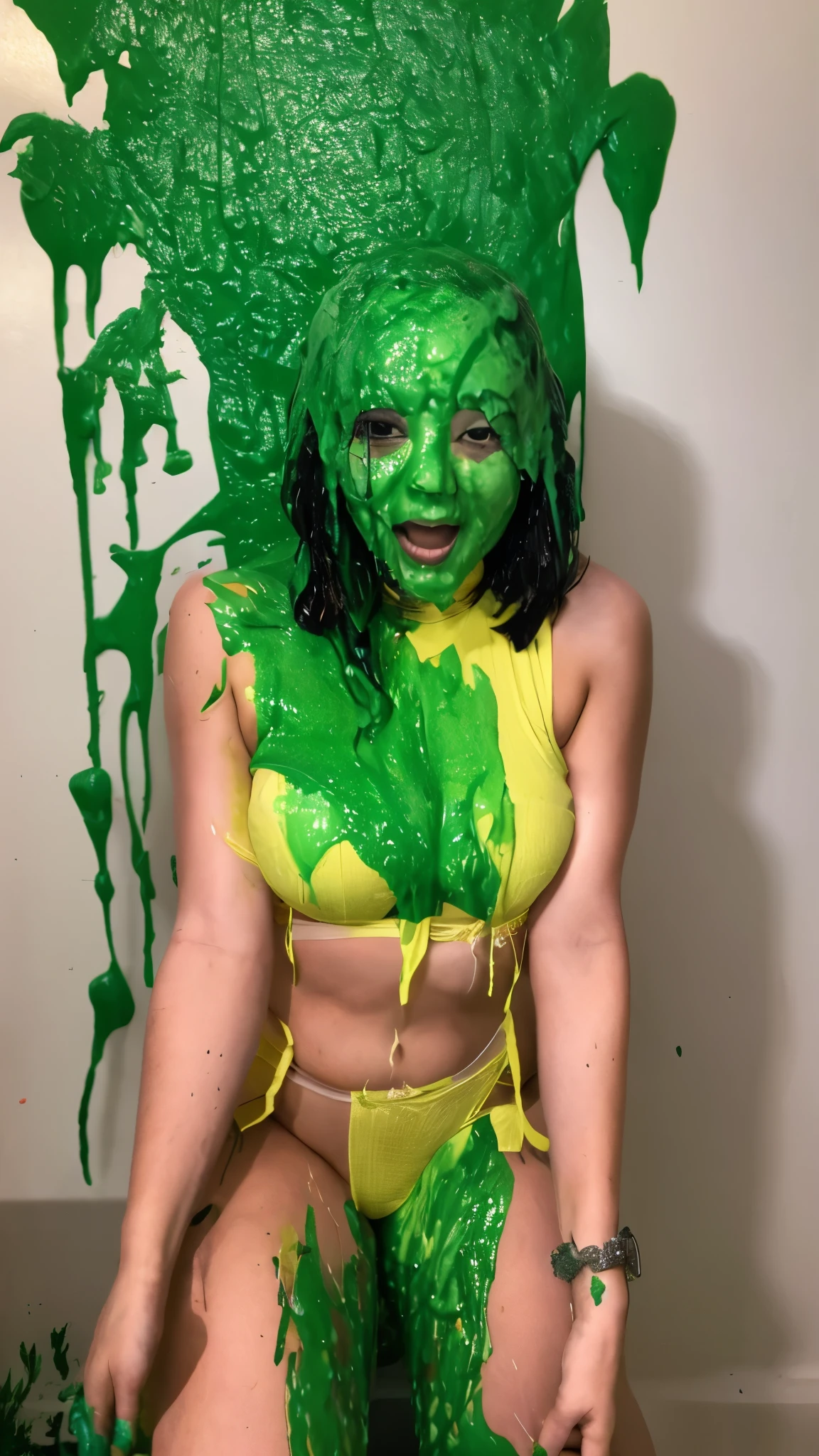 (high resolution), (8K), (very detailed), (beautiful and detailed black eyes), (best quality), (super detailed), (masterpiece), (wallpaper), (detailed face), solo, (dynamic pose), 1 female, (Japanese girl), open legs, transparent sludge, bathroom shower, tummy down, green sludge, open legs, lower body closeup, glowing skin, slim, Model, Massage, Firm elastic medium breasts, Round plump elastic buttocks, sheer, moaning, enjoyment, looking at the audience, (no bra), (no panties), ((no clothes)), show off, green sludge on hair and skin, Shocked Asian woman covered in green sludge, green sludge dripping, greenish liquid, green slime, green sludge everywhere, character is covered in liquid, sludge, dripping goo, oozing wet and slimy, beautiful green liquid, expressing humiliation