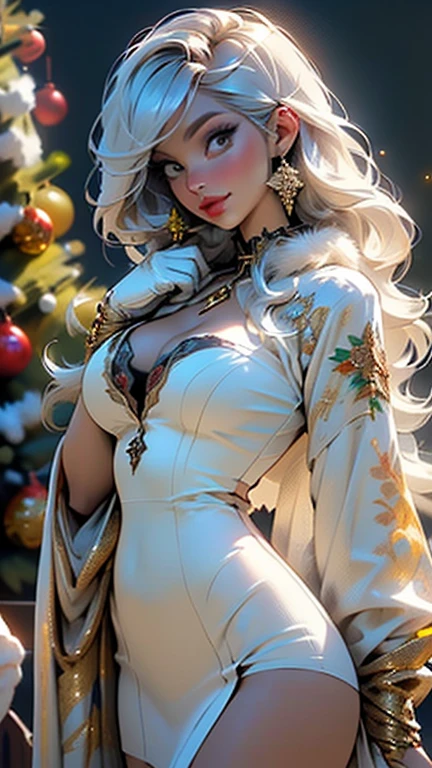 woman,1female,((milf,mom,mature,mature woman,45 years old female,adult)),(large breasts:1.5),saggy breasts,(((white hair:1.4,straight hair,long hair:1.4,colored inner hair))),((yellow_eyes:1.3)),intricate eyes,beautiful detailed eyes,symmetrical eyes,((((dark skin:1.4,lustrous skin:1.5,bright skin: 1.5,skin tanned,shiny skin,very shiny skin,shiny body,illuminated skin)))),(spider lower abdomen,narrow waist,wide hip,bimbo body,inflated legs,thick thighs,delicate detailed fingers),(((detailed face))),
cute,slutty,sensual,seductive look,seductive,((erotic)),opulent,sumptuous,longingly,((nsfw)),
queen,goddess,fantasy,((red lingerie,dressed in fishnet stockings paired with heart-shaped garter belts)),(((ice jewelry,intricate necklace,christmas jewelry,detailed outfit))),cleavage,((eyeshadow,elegant makeup,eyelid makeup,gold lips,gold lipstick)),(((Sexy lingerie))),(((intricate outfit,intricate clothes,embroidered outfit,ornate outfit,embroidered clothes,ornate clothes))),
(dynamic pose:1.0),embarrassed,(centered,scale to fit dimensions,Rule of thirds),
inside,indoor,((victorian bedroom)),scenery:1.25,((intricate scenery)),((winter decorations)),((Christmas tree)),
(Glossy winter ornaments),highres,sharp focus,(ultra detailed,extremely detailed),(photorealistic artwork:1.37),(extremely detailed CG unity 8k wallpaper),(((vibrant colors,vibrant theme))),(intricate),(masterpiece),(best quality),