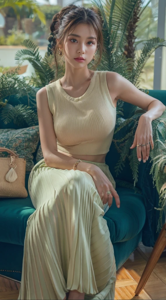 An araffe woman sitting on a green couch with a handbag, wearing an elegant outfit, wearing a sexy cropped top, sophisticated young woman, cinematic outfit photo, captivating and enticing, elegant and graceful, eora, wearing elegant casual clothes, high - end fashion photoshoot, high delicate defined details, muted and pastel shades, elegant fashion model, wearing a cropped top.
Masterpiece, ultra detailed, realistic, photo realistic, high detail RAW color photo, professional photograph, extremely detailed, finely detail, lens flare, Dynamic lighting, 8K, RAW Photo, Best High Quality, Masterpiece: 1.2, Ultra HD: 1, High Detail RAW Color Photo, Pro Photo, Realistic, Photo Realistic: 1.5, Live Photo, Super detailed, Masterpiece, Real Skin, Realistic Skin, Realistic HD Eyes, Highly detailed Eyes, Perfect Eyes, Perfect face, Perfect fingers, extremely detailed face, extremely detailed eyes, extremely detailed skin, perfect anatomy.