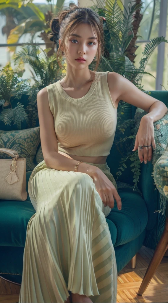 An araffe woman sitting on a green couch with a handbag, wearing an elegant outfit, wearing a sexy cropped top, sophisticated young woman, cinematic outfit photo, captivating and enticing, elegant and graceful, eora, wearing elegant casual clothes, high - end fashion photoshoot, high delicate defined details, muted and pastel shades, elegant fashion model, wearing a cropped top.
Masterpiece, ultra detailed, realistic, photo realistic, high detail RAW color photo, professional photograph, extremely detailed, finely detail, lens flare, Dynamic lighting, 8K, RAW Photo, Best High Quality, Masterpiece: 1.2, Ultra HD: 1, High Detail RAW Color Photo, Pro Photo, Realistic, Photo Realistic: 1.5, Live Photo, Super detailed, Masterpiece, Real Skin, Realistic Skin, Realistic HD Eyes, Highly detailed Eyes, Perfect Eyes, Perfect face, Perfect fingers, extremely detailed face, extremely detailed eyes, extremely detailed skin, perfect anatomy.