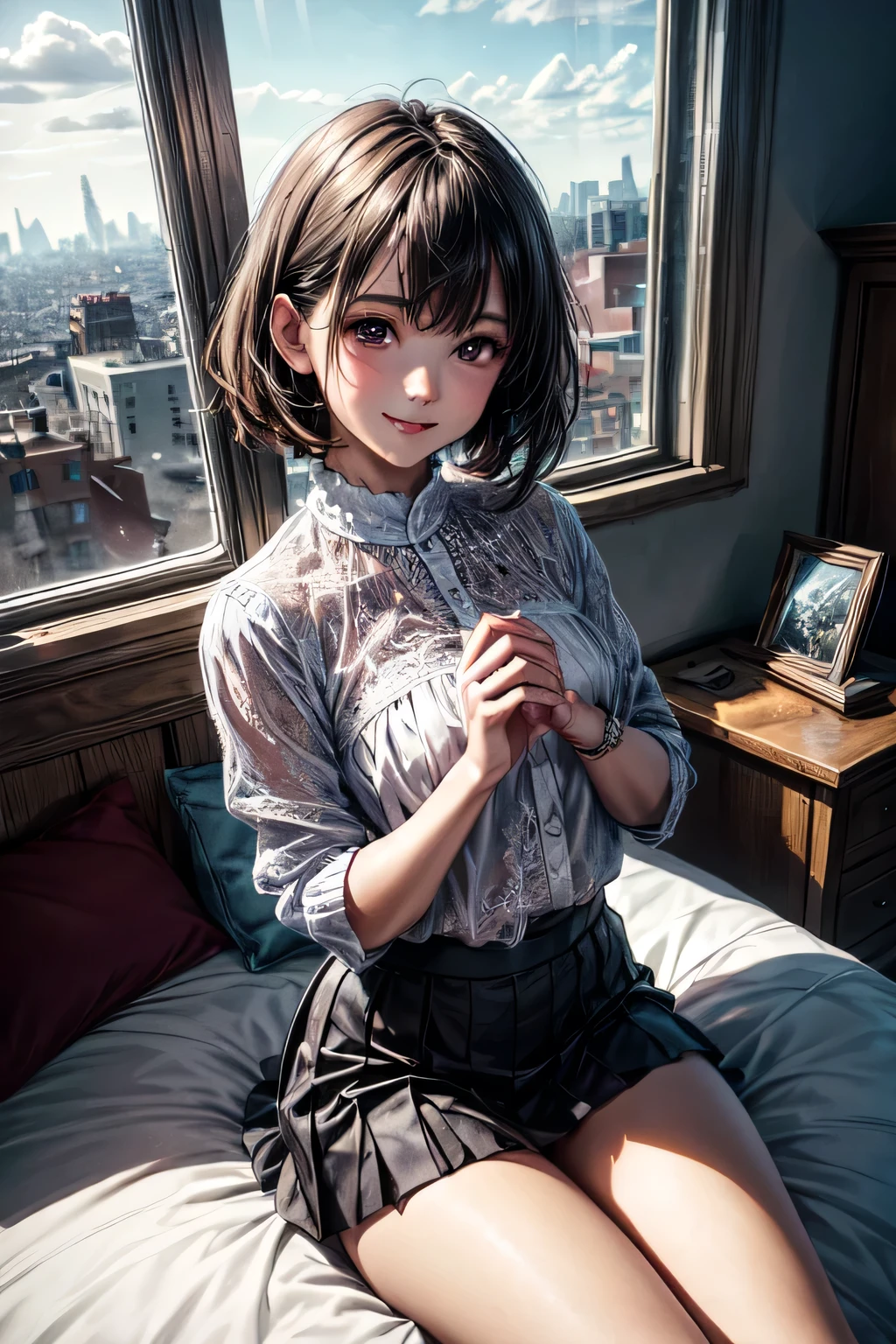 very cute and beautiful girl,(highly detailed beautiful face and eyes),
sitting on bed sheet,white blouse,looking at viewer,(smile),black hair,pleated black mini skirt,
cosmetic bag,porch on bed,
antique hotel bedroom,window,distant city overview,
(best quality,masterpiece),absurdres,highres,ultra-detailed,extremely detailed,32k,8k resolution,
intricate details,cinematic scene,detailed background,solo,dynamic angle,perfect hands,
