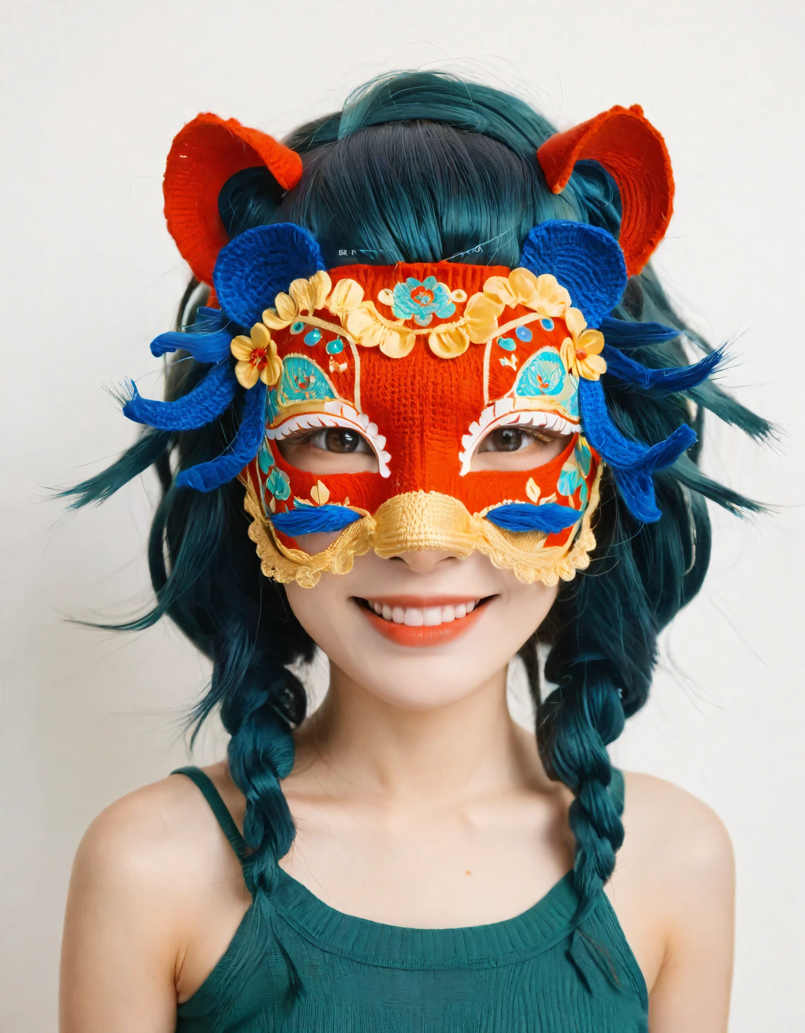Handcrafted crochet lion dance costume, vibrant colors, detailed. The lion mask features exaggerated cartoon eyes and open mouth with a playful tongue. Decorated with floral patterns in white, gold, and red, accented with blue and green. The texture of the handmade yarn material is evident, reflecting Chinese cultural inspiration. The festive character is set against a stark blue-green background, soft lighting highlighting texture and vivid colors, exuding a charming fantasy vibe, celebrating cultural festivals.