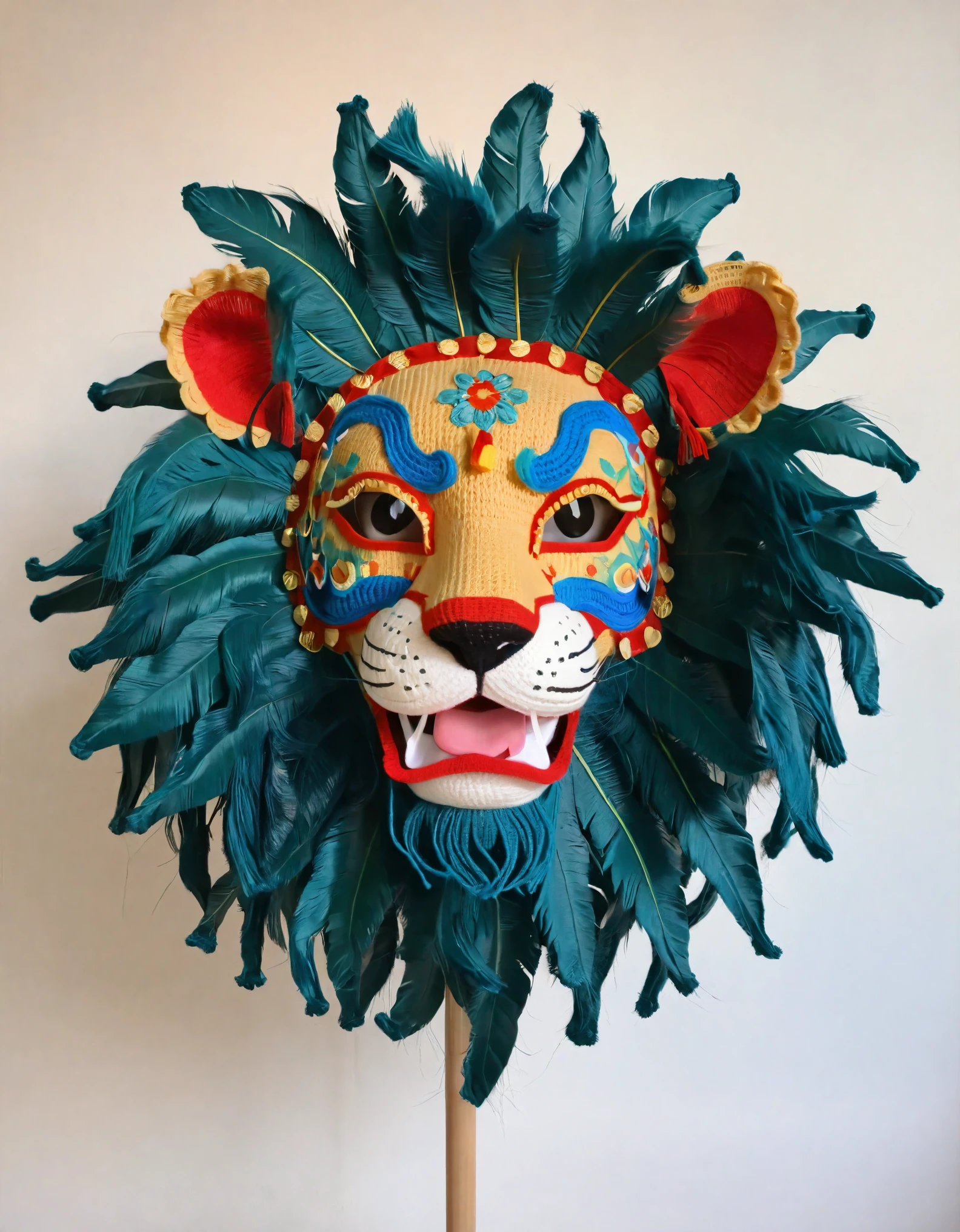 Handcrafted crochet lion dance costume, vibrant colors, detailed. The lion mask features exaggerated cartoon eyes and open mouth with a playful tongue. Decorated with floral patterns in white, gold, and red, accented with blue and green. The texture of the handmade yarn material is evident, reflecting Chinese cultural inspiration. The festive character is set against a stark blue-green background, soft lighting highlighting texture and vivid colors, exuding a charming fantasy vibe, celebrating cultural festivals.
