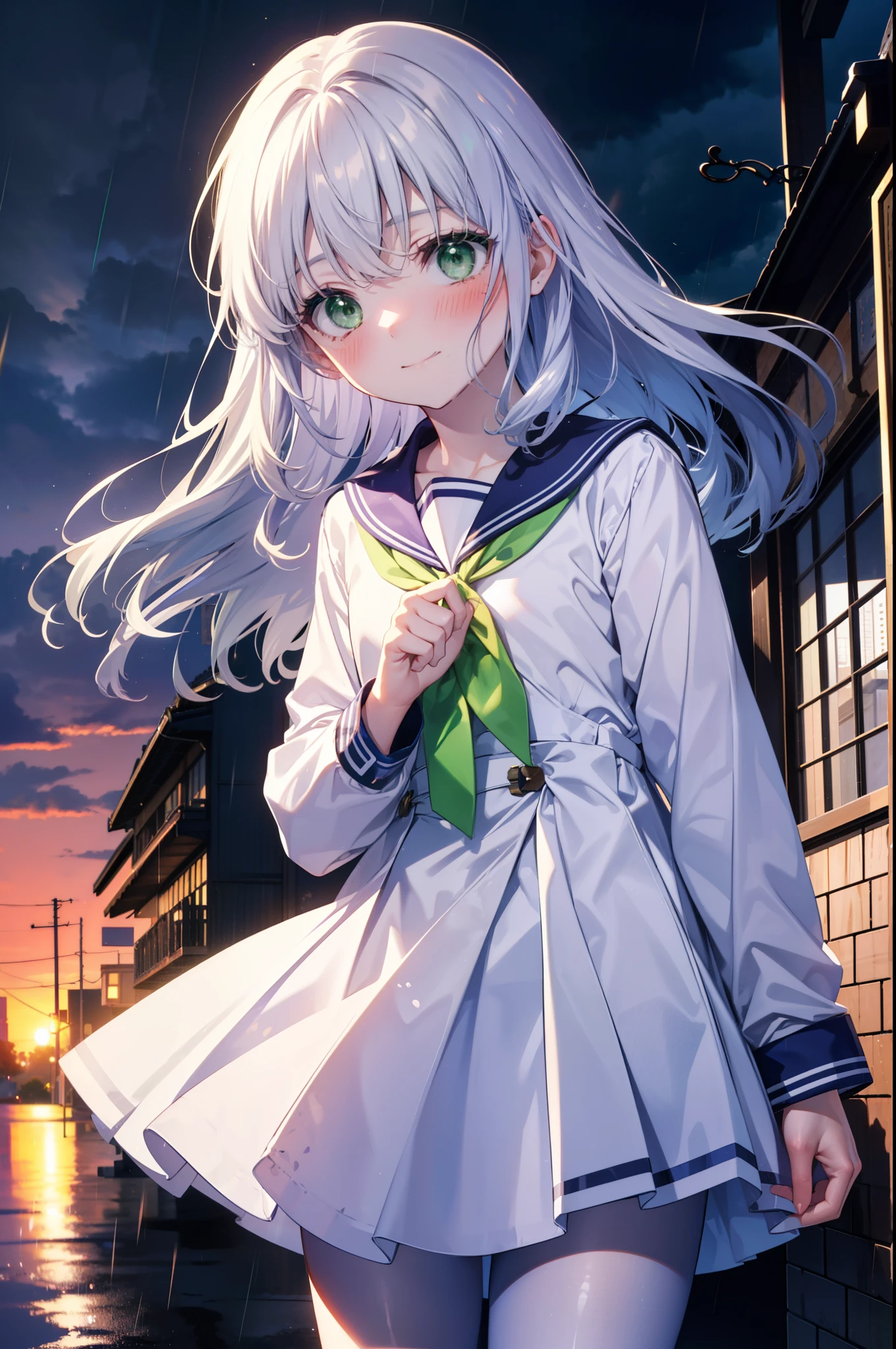 index, index, (Green Eyes:1.5), Silver Hair, Long Hair, (Flat Chest:1.2),smile,blush,Embarrassing,Upper Eyes, uniform(Purple sailor suit),Purple pleated skirt,White pantyhose,Brown Loafers,rain,cloudy,屋根の下でrain宿り,rain宿り,Puddle,evening,cloudy空,
break looking at viewer, Upper Body, whole body,(Cowboy Shot:1. 5)
break otdoors,In town,Building district,
break (masterpiece:1.2), highest quality, High resolution, unity 8k wallpaper, (figure:0.8), (Beautiful fine details:1.6), Highly detailed face, Perfect lighting, Highly detailed CG, (Perfect hands, Perfect Anatomy),