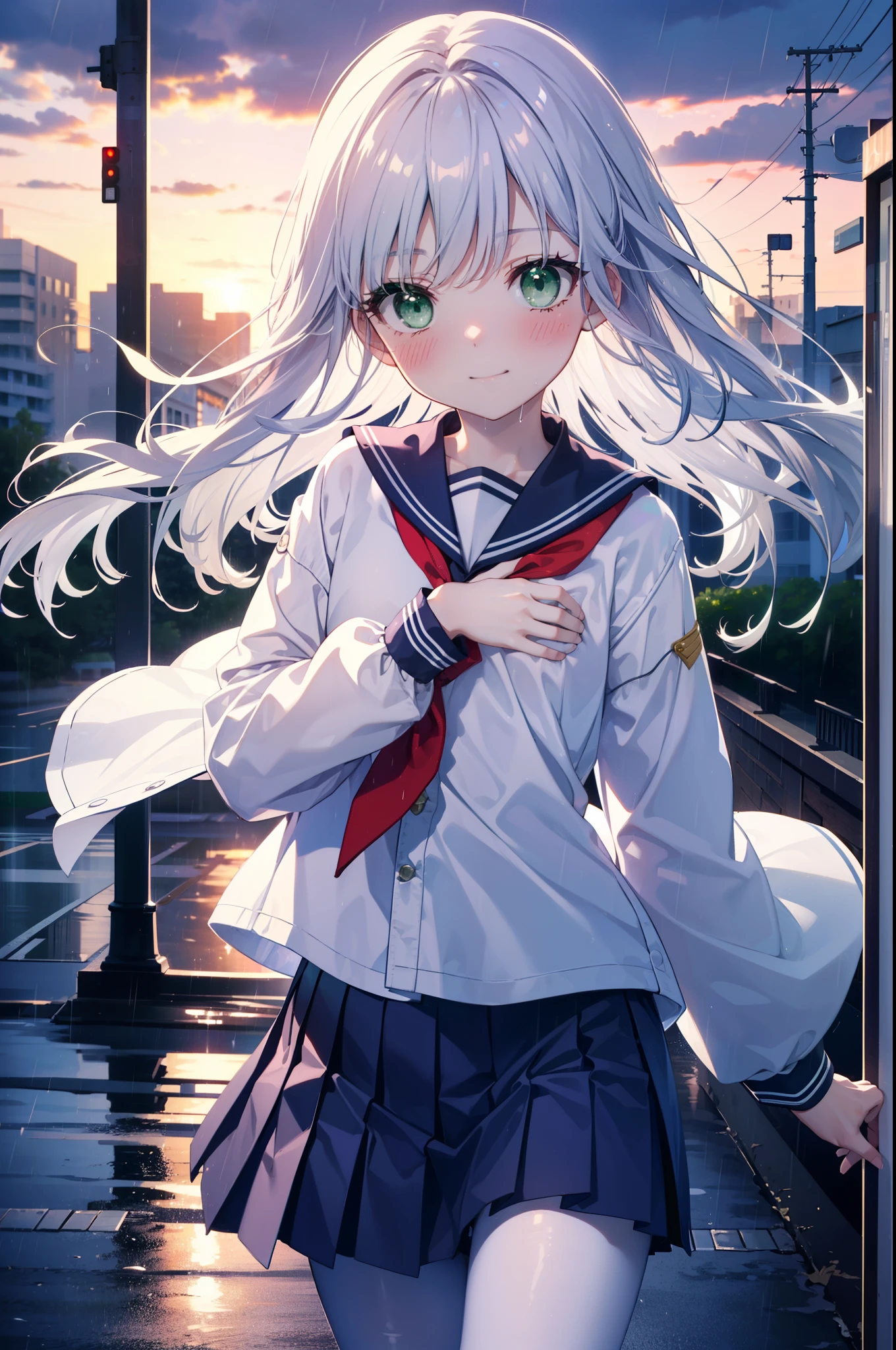 index, index, (Green Eyes:1.5), Silver Hair, Long Hair, (Flat Chest:1.2),smile,blush,Embarrassing,Upper Eyes, uniform(Purple sailor suit),Purple pleated skirt,White pantyhose,Brown Loafers,rain,cloudy,屋根の下でrain宿り,rain宿り,Puddle,evening,cloudy空,
break looking at viewer, Upper Body, whole body,(Cowboy Shot:1. 5)
break otdoors,In town,Building district,
break (masterpiece:1.2), highest quality, High resolution, unity 8k wallpaper, (figure:0.8), (Beautiful fine details:1.6), Highly detailed face, Perfect lighting, Highly detailed CG, (Perfect hands, Perfect Anatomy),