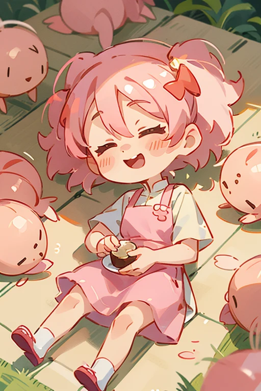 Kindergarten girl, cute, Guangdong morning tea, shrimp dumplings, shrimp, wearing apron, light pink hair, lying on the ground, IP, blind box, closed eyes, laughing, proportion three head body, Q version