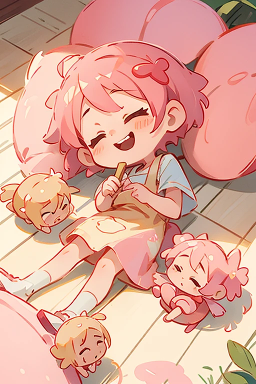 Kindergarten girl, cute, Guangdong morning tea, shrimp dumplings, shrimp, wearing apron, light pink hair, lying on the ground, IP, blind box, closed eyes, laughing, proportion three head body, Q version
