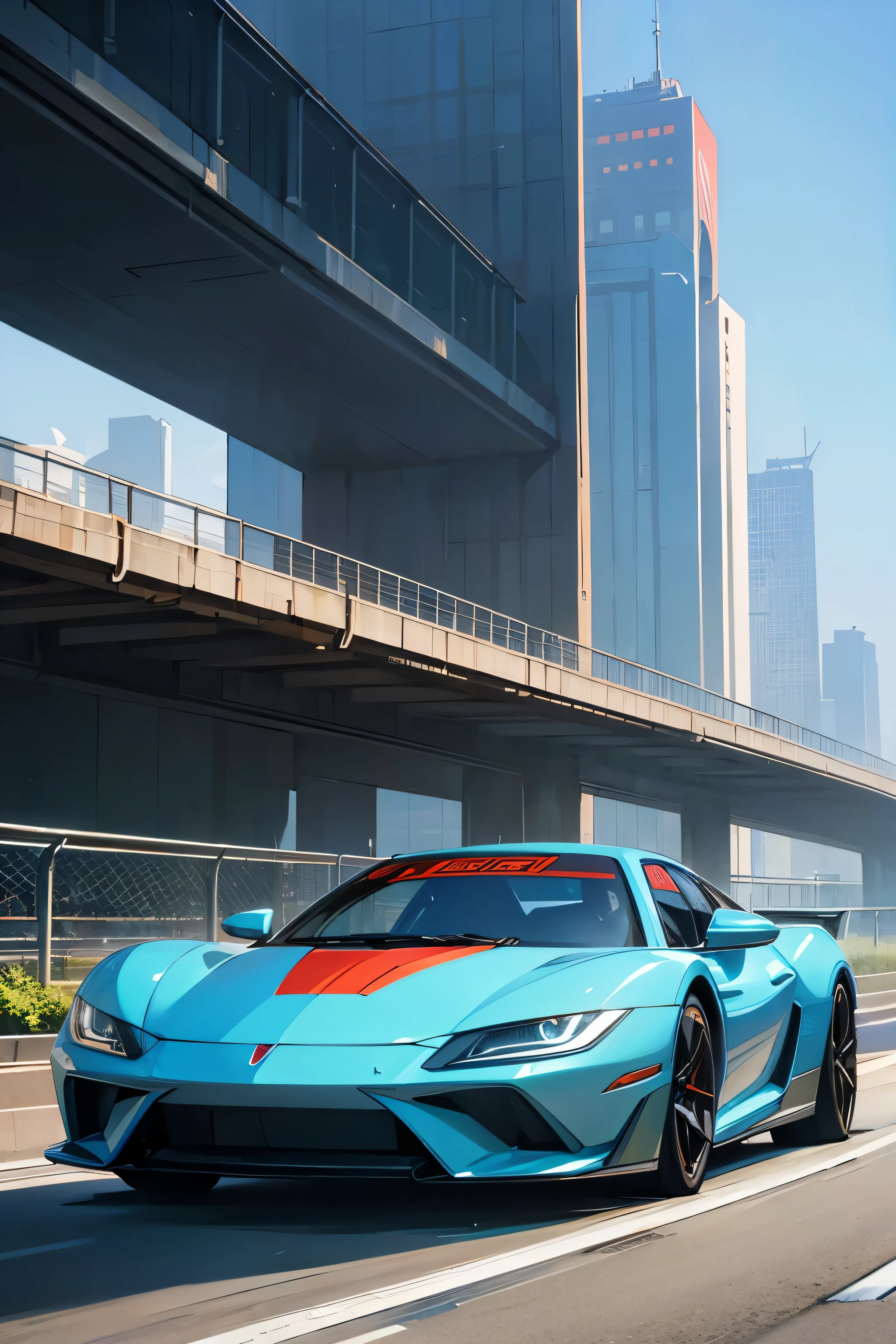 Super bright and modern metallic-vermillion racing car is running on the expressway,
City of high transportation technology complex, skyscrapers , and towers,
Good green environmental atmosphere,
Morning sunlight with blue sky and white cloud
