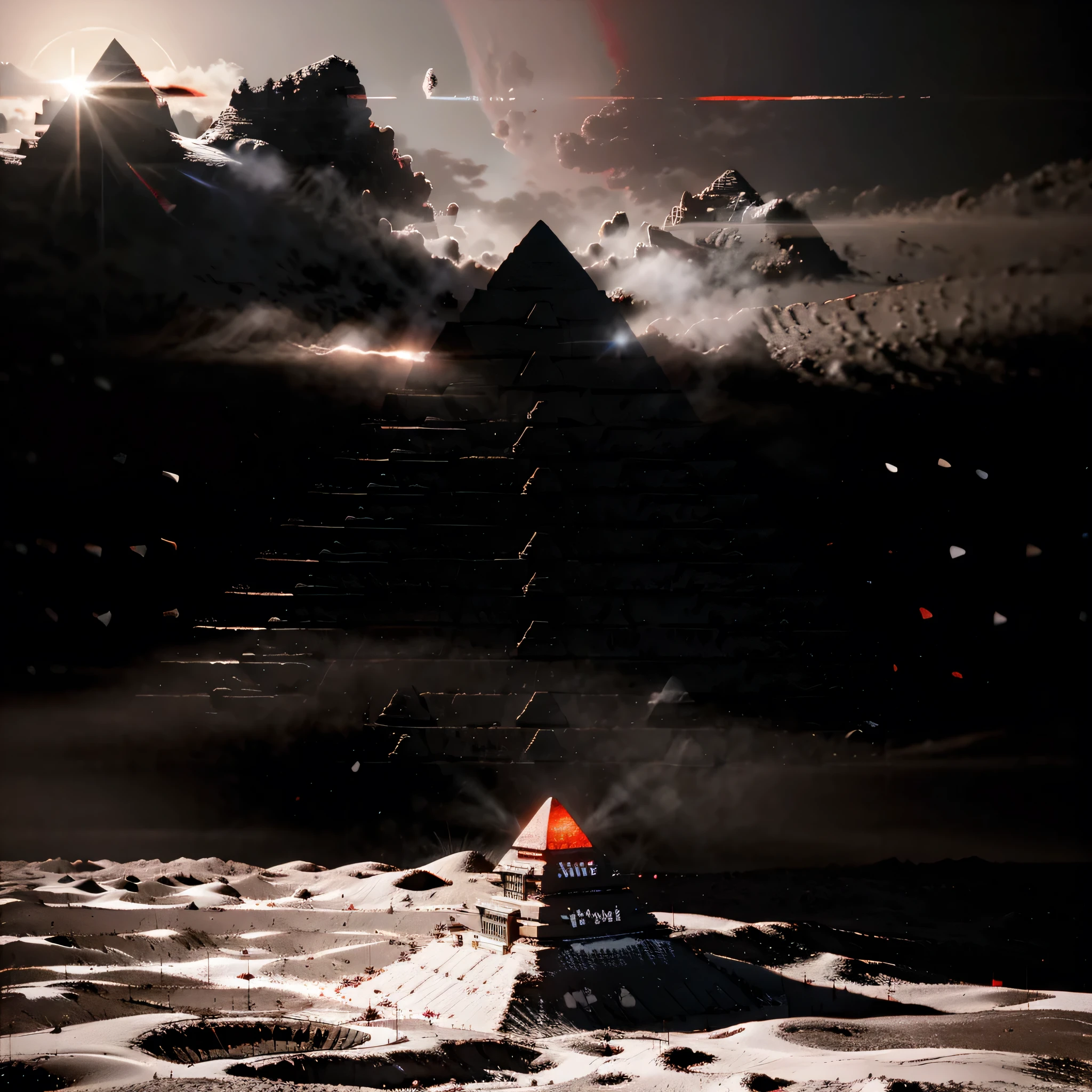 convenience one pyramid in red on moon surface one king running front all in minimal
