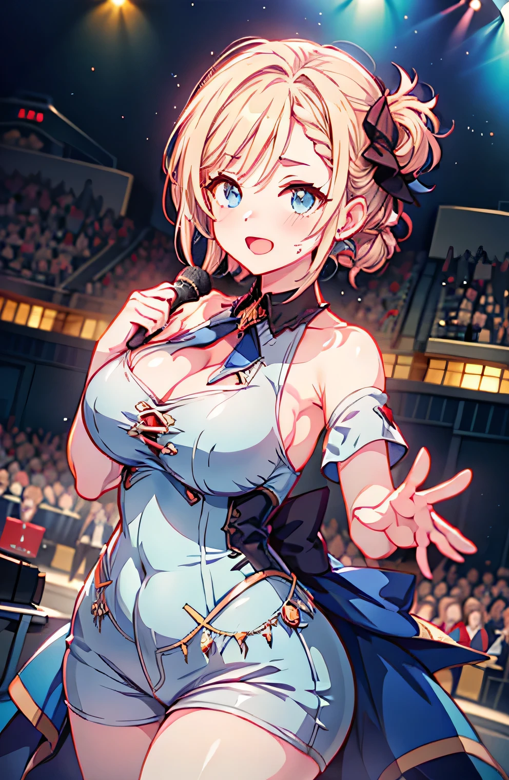 Anime illustration、highest quality、Voluptuous Idol、Sing and dance、Night Show、Illuminated by spotlights、Perfect proportions、Live music on the stadium stage、overwhelmingly big breasts、Beautiful, shining eyes、Cowboy Shot、smile、Excessive sweating、Noise Reduction