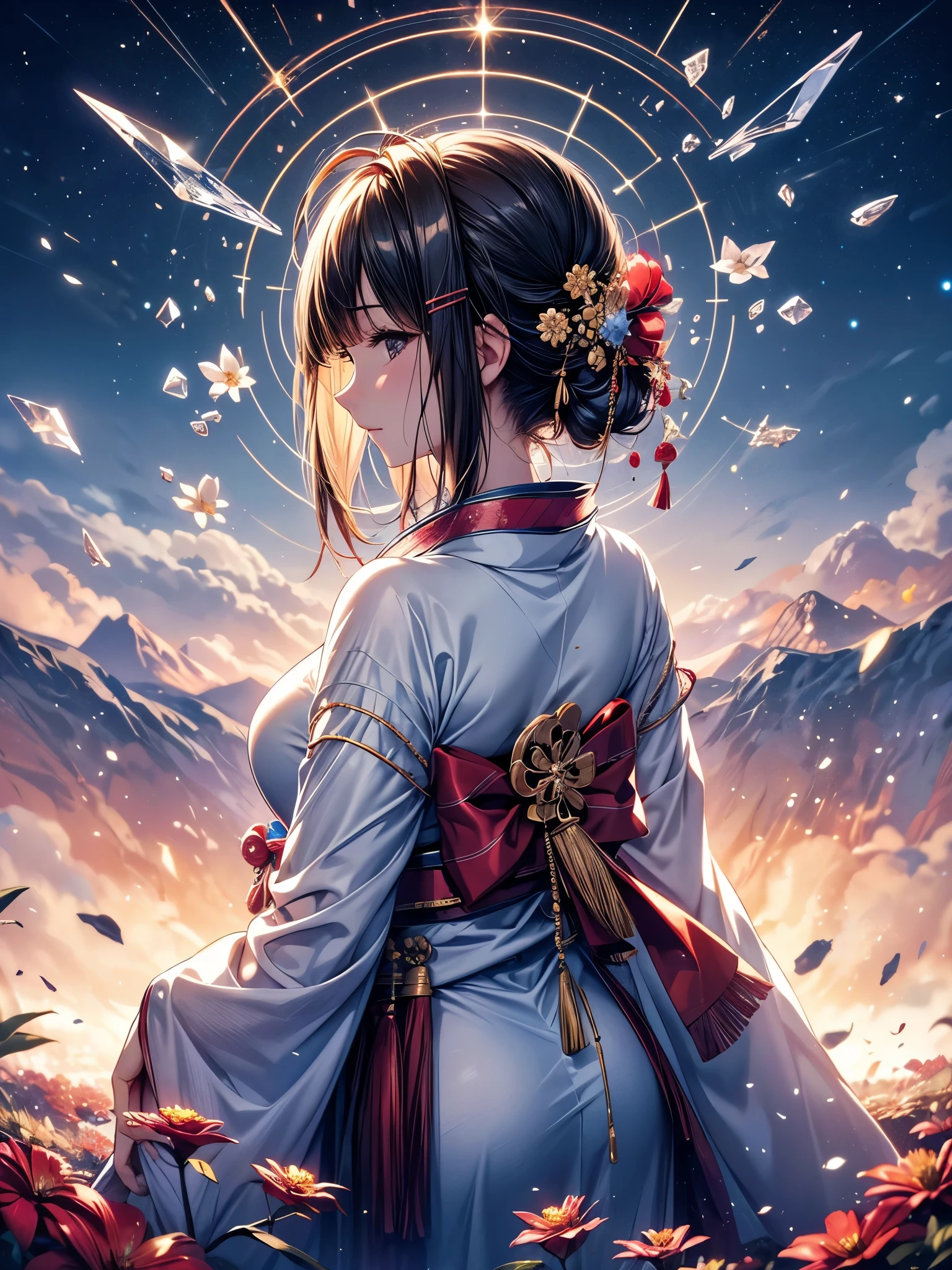 Ultra-delicate, Clear focus, (high resolution), Deformed depth of field blurred background, Detailed background, Perfect layer cutting, Atmospheric distance sense, artistic, (full-body shot/Cowboy shooting/Rear view/Top view/Top view), 8K, wallpaper, Micro light, complicated, familiar, black magician, particle, constellation, Stardust, universe, ((flower)), comfortable peace, peaceful, Japan, Himiko, kimono, With crystal, Fortune Telling, time and space,