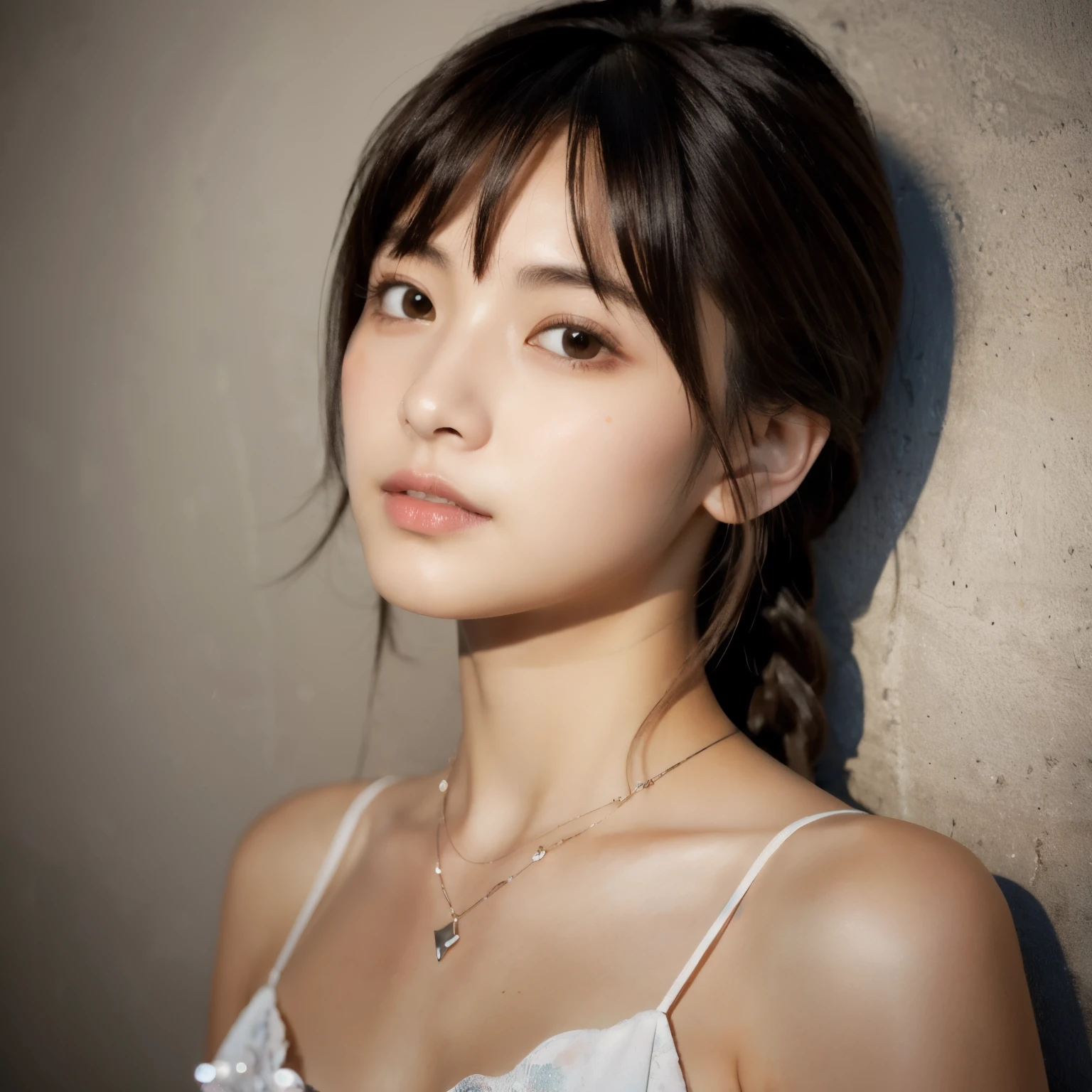 Rembrandt Lighting, (Photorealistic:1.2), (highest quality), (Detailed skin:1.3), (Intricate details), Ray Tracing,One girl, In detail,real, One Girl, Very beautiful face and eyes,Long Hair, 顔front, (Intricate details), dramatic, Ray Tracing, 顔front, Braid, Scattered beneath the surface, front, bangs, Hair between the eyes, One girl, Cute Japanese Girl,Detailed skin texture, Bare skin above the collarbone, Shoulder Bare Skin, masterpiece, highest quality, High resolution, View your viewers、Pop Idol,