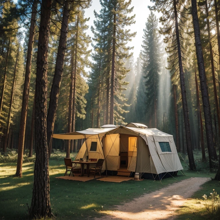 Realistic image of a nomadic camp in the heart of an enchanted forest of young pines with rays of sunlight, rosée du matin, une caravane vintage, mousse au sol
