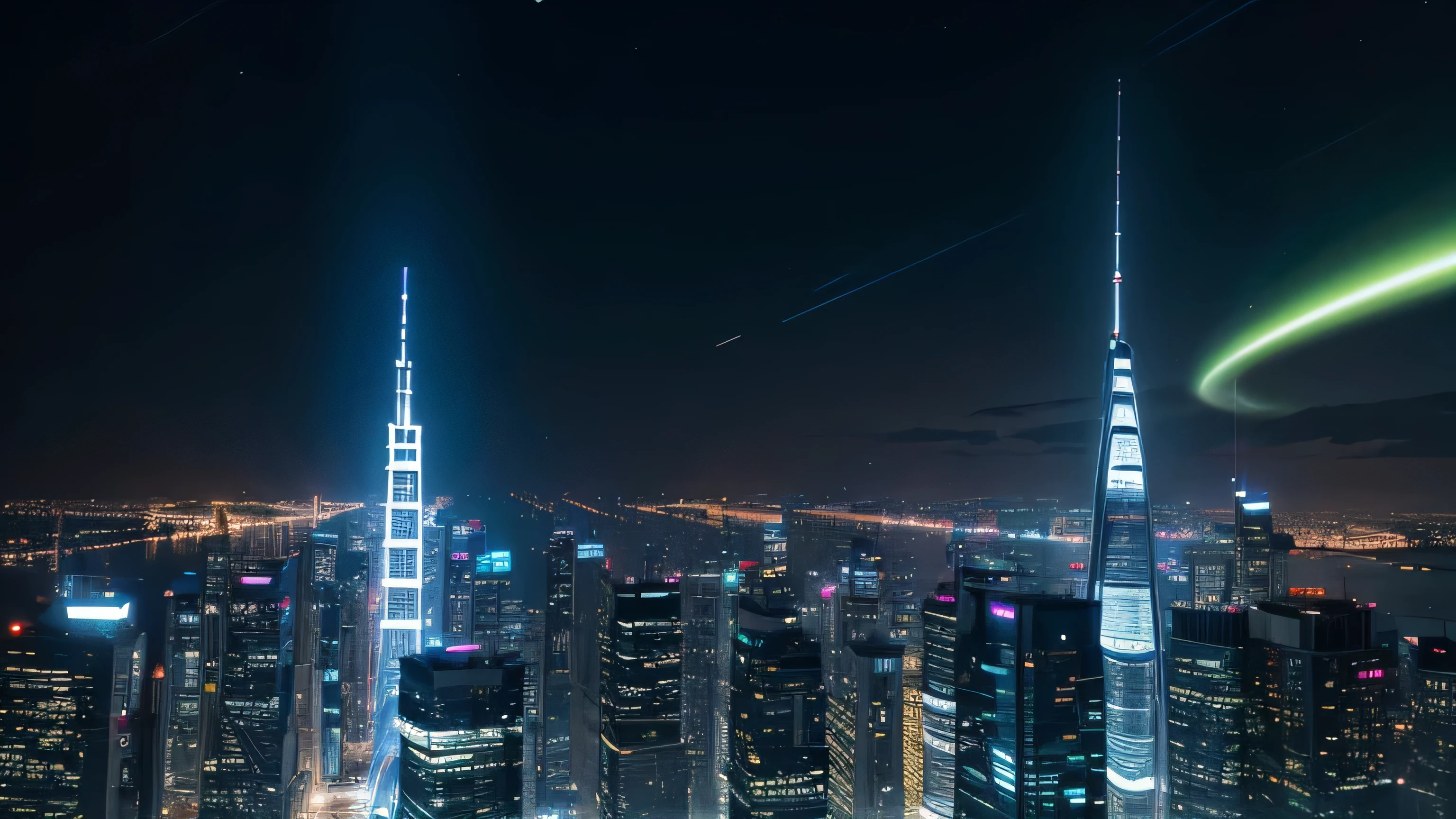 A panoramic view of a futuristic utopia, where towering skyscrapers and floating platforms dominate the skyline in a breathtaking cityscap
e. The ever-changing lights dance across the buildings, casting a mesmerizing display of colors against the night sky. Advanced transportation systems weave between the structures, showcasing the seamless integration of technology in daily life. Beneath, the inhabitants interact with the warm, pulsating green aura emanating from a minimally activated black hole, which powers their exceptional infrastructure. The atmosphere is one of harmony, innovation, and unparalleled progress, reflecting the pinnacle of human achievement.
