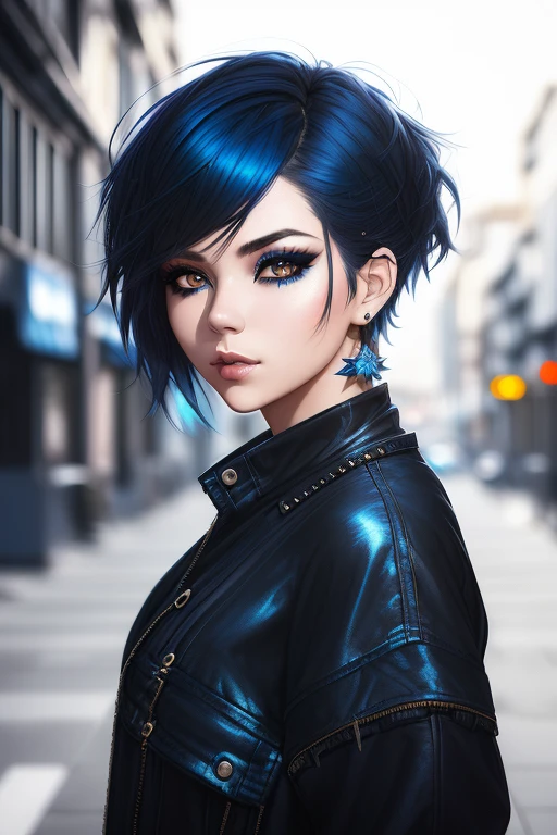 beautiful girl, half body portrait, short bright blue disheveled hair, black eyeshadow, (street style wear:1.2), (city background:1.2), dark makeup, digital art, trending on artstation, highly detailed, fine detail, intricate, beautiful detailed glow, detailed, Cinematic light, highres, detailed facial features,sharp focus, smooth, aesthetic,