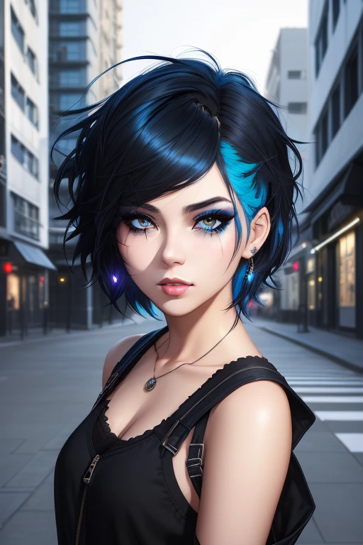 beautiful girl, half body portrait, short bright blue disheveled hair, black eyeshadow, (street style wear:1.2), (city background:1.2), dark makeup, digital art, trending on artstation, highly detailed, fine detail, intricate, beautiful detailed glow, detailed, Cinematic light, highres, detailed facial features,sharp focus, smooth, aesthetic,