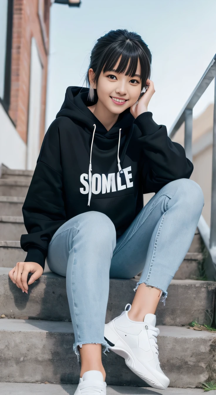 highest quality, Realistic, Very detailed, Finer details, High resolution, 8k wallpaper, One beautiful woman,Sit on the stairs、（Wear black socks）smile、（Beautiful teeth alignment、）（Gums are visible） Oversized hoodie, Skinny jeans, White sneakers、Black Hair、 Beautiful Bangs、ear piercing、、short hair、Perfect dynamic composition, Beautiful and detailed, Full Body Shot, A big smile
