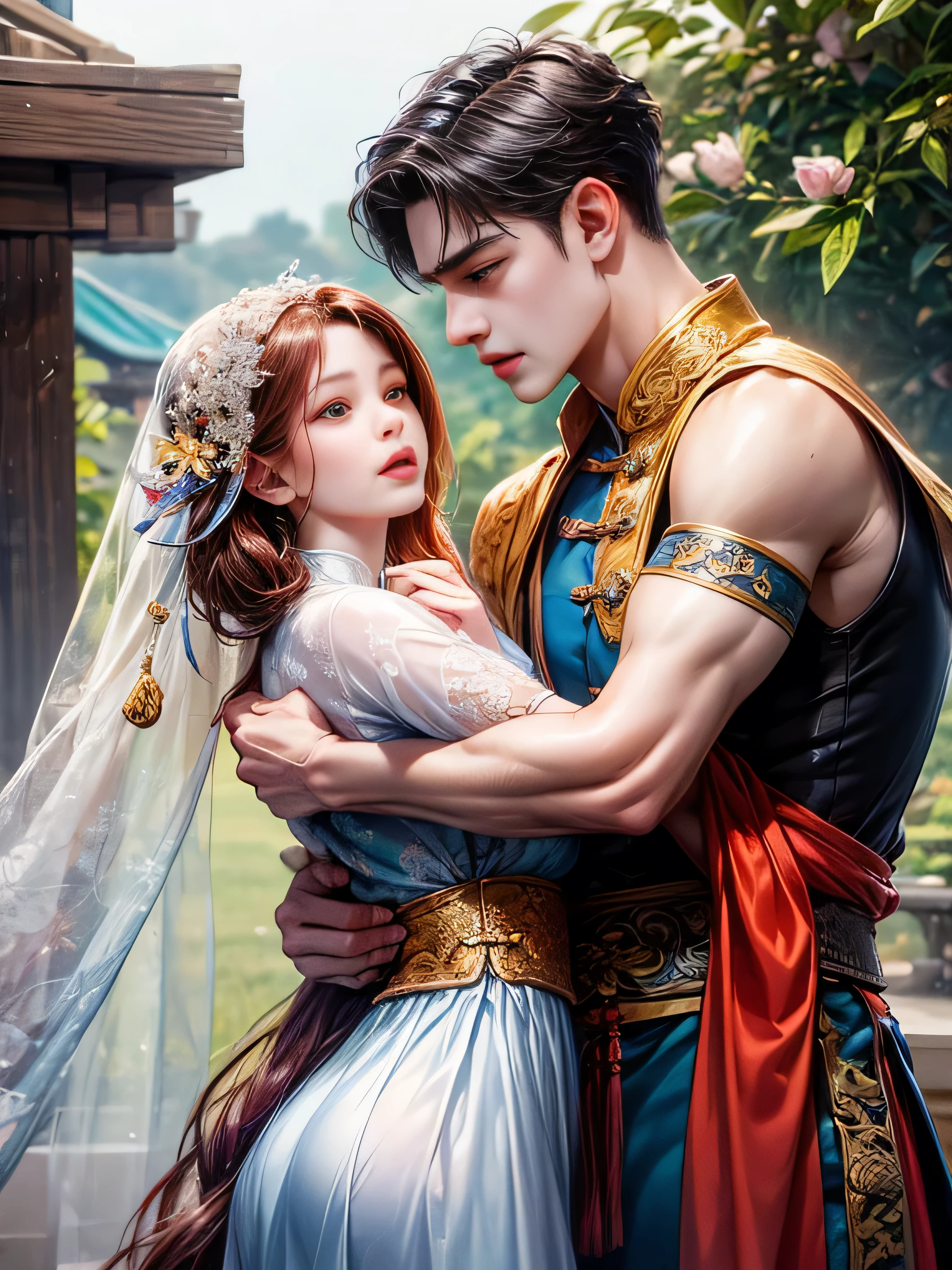 arafed image of a couple of asian woman and man hugging each other in Peach Garden, Peach Garden detailed background, xianxia fantasy, jingna zhang, game cg, wuxia, inspired by Chen Yifei, xianxia, xianxia hero, 2. 5 d cgi anime fantasy artwork, heise jinyao, chinese fantasy, beautiful render of tang dynasty, heise-lian yan fang, (perfect full face:1.5), (high detail:1.1), 4k best quality, 8k character details, high quality anime art, high quality illustration, detailed anime wallpapers, detailed anime art, hyper-realistic, elegant, high quality realistic anime art