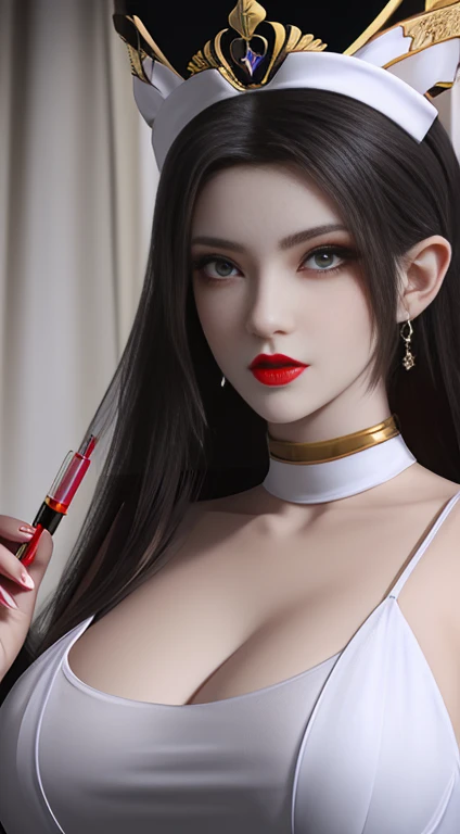 Beautiful Queen, Wearing white nurse uniform, In the hospital, Holding a syringe, Pen, medical record, Pretty Face, Long hair, Wearing a nurse's hat, Mysterious Neck and Hair Jewelry, Pale red iris, Big round eyes, Thin and pointed eyebrows, Detailed and sharp eyelashes in every detail, Red lipstick lipstick, Slender shoulders, (Large Breasts: 1.2) Full breasts, Large target, Round and regular breasts, , Huge sexy breasts,Showing cleavage, Sexy big ass, Mature female, Sculptural figure, Sexy body,, Curvy figure with slim waist, RAW photos, Detailed photos, Highest quality photos, 8k queen upper body,