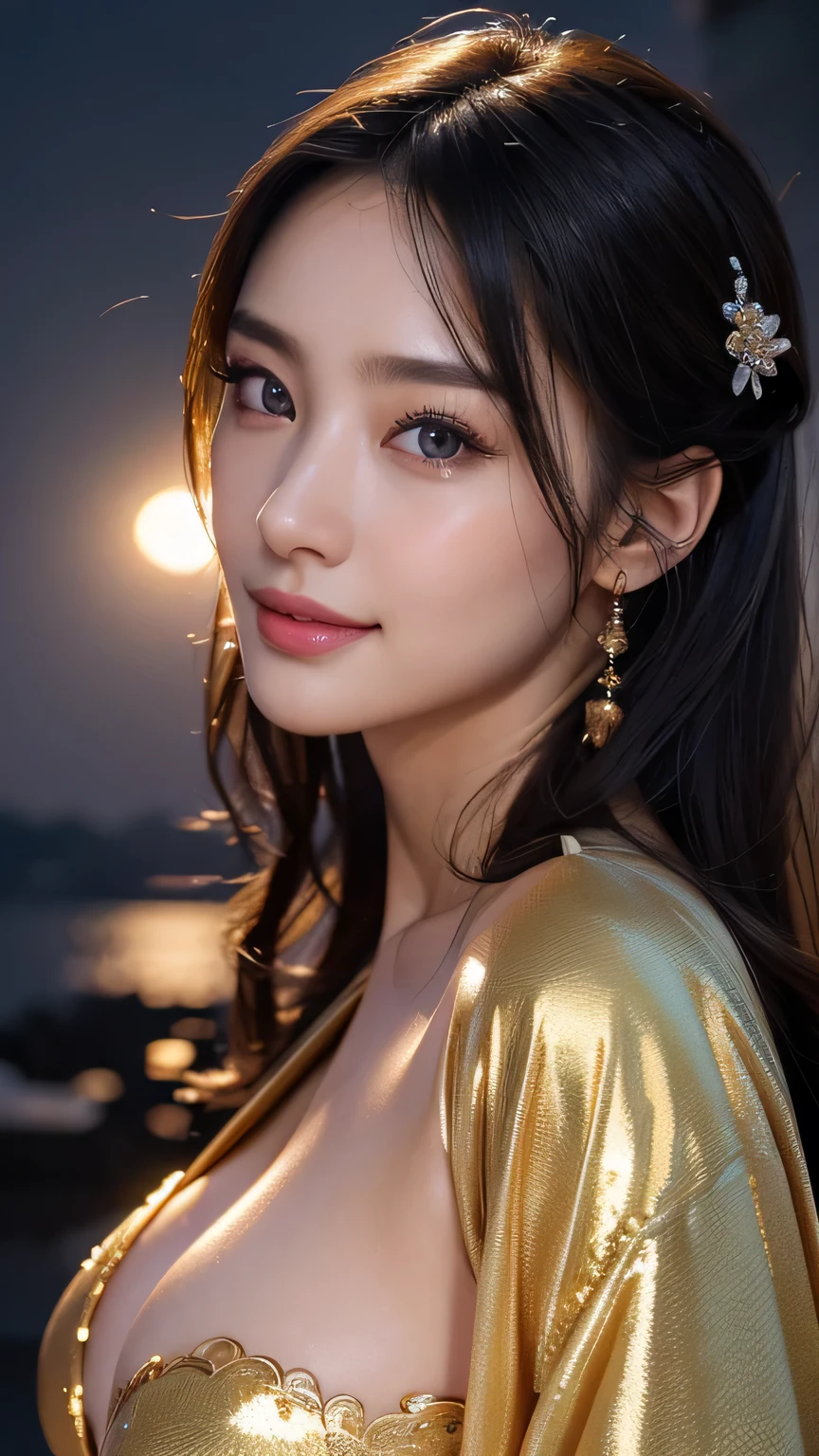 Beautiful woman in kimono,Body Portrait、8k,Beautiful and beautiful eyes,Dindal effect、masterpiece, 最high quality, high quality, High resolution、Very detailed photos、(Natural skin texture、Fine skin、Hyperrealism、Ultra Sharpness)、Skin with attention to detail、(Very detailed、Fine skin texture、Intricate details、Beautiful Face、(A vivid face)、Realistic eyes、Beautiful and detailed、Realistic Skin、Beautiful Skin、Surreal、Very detailed、Golden Ratio、With a smile、((Night moonlight background))、Body Portrait、G-Cup、Big Breasts,glamorous,Shiny bodysuit