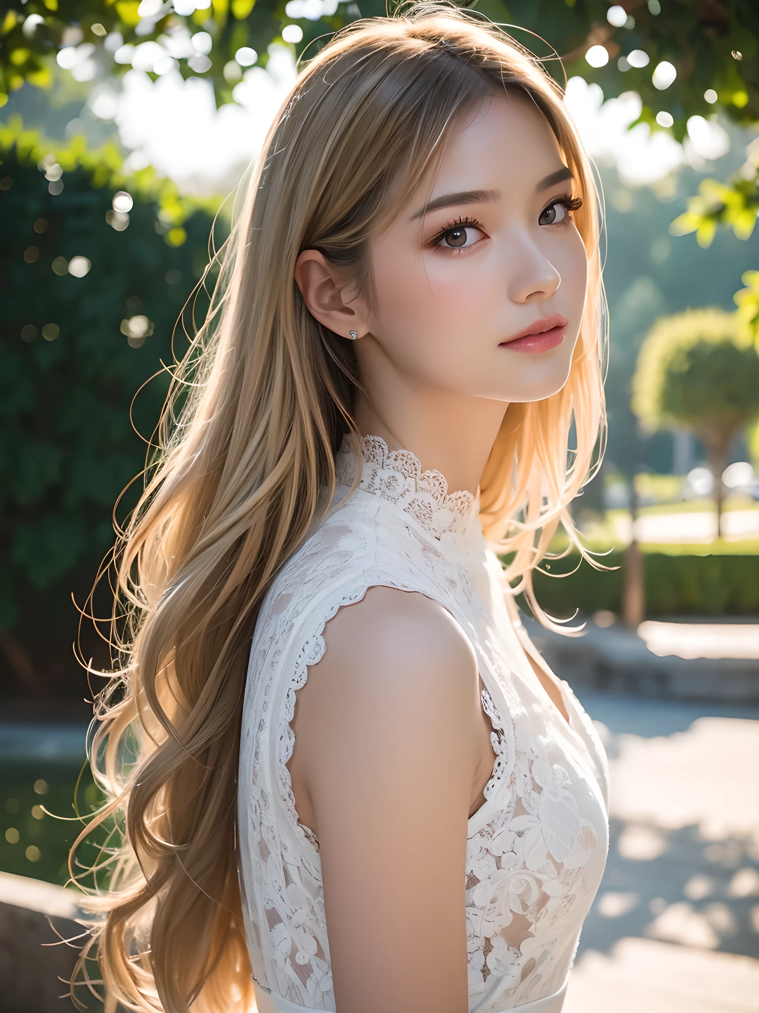 best qualtiy, masterpiece, (realistic:1.6), raw photograph, 1girl, portrait, white lace trim dress, view from side, deep shading, low tune, soft light, looking to the front, sexy pose, long blonde hair, outdoor,water park background, evening time, rim light,
