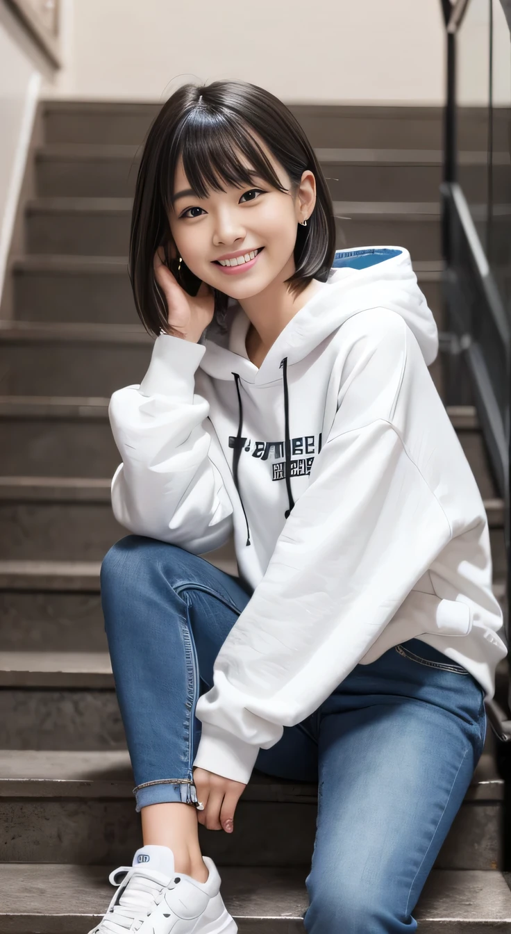 highest quality, Realistic, Very detailed, Finer details, High resolution, 8k wallpaper, One beautiful woman,Sit on the stairs、(Wear black socks)smile、(Beautiful teeth alignment、)(Gums are visible) Oversized hoodie, Skinny jeans, White sneakers、Black Hair、 Beautiful Bangs、ear piercing、、short hair、Perfect dynamic composition, Beautiful and detailed, Full Body Shot, A big smile