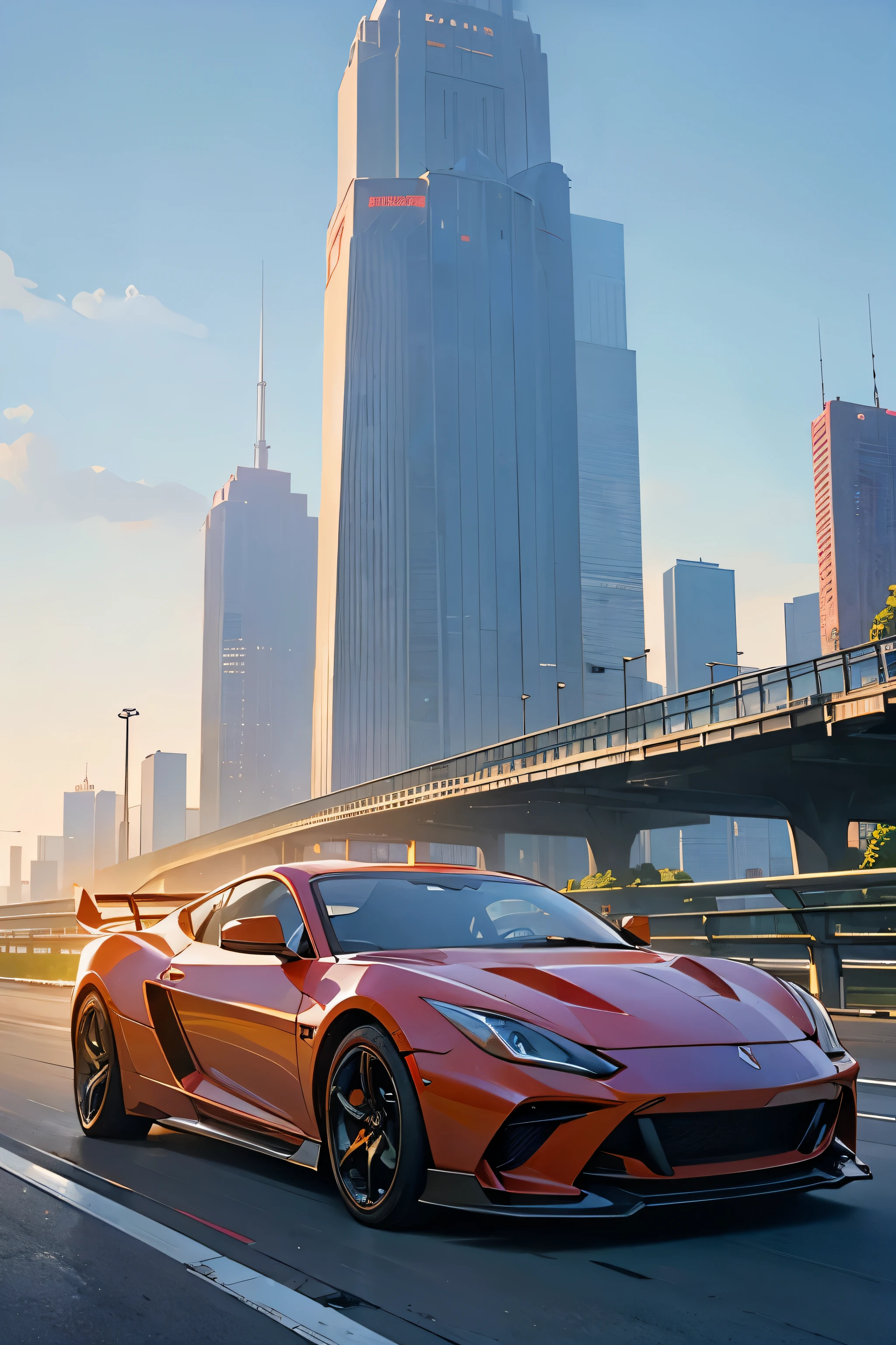 Super bright and modern metallic-vermillion racing car is running on the expressway,
City of high transportation technology complex, skyscrapers , and towers,
Good green environmental atmosphere,
Morning sunlight with blue sky and white cloud