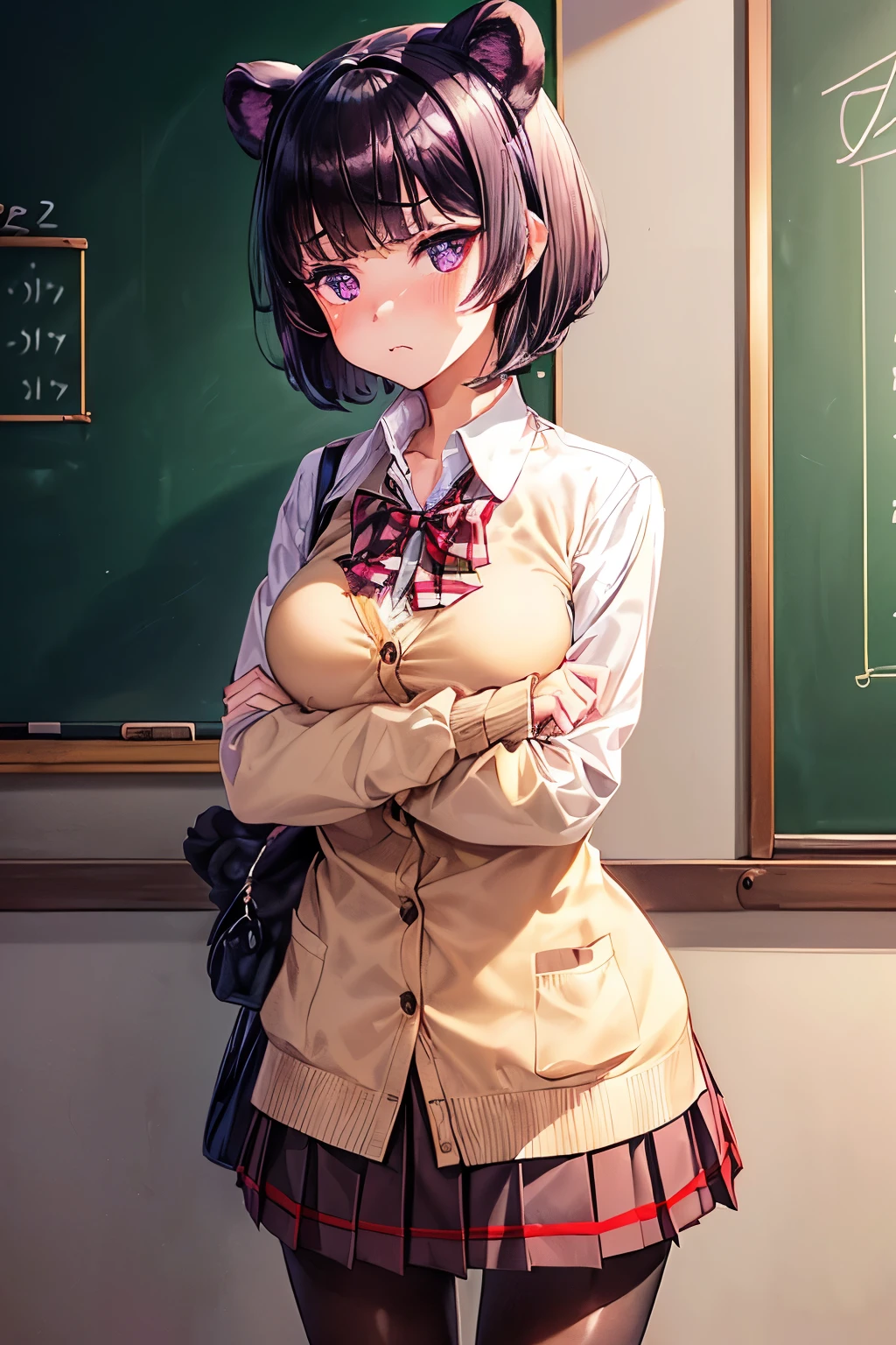 ((Worst quality, low quality)), Mastepiece,Best Quality, ((Close-up)), ((Face Focus)), ((Black bear ears kemonomimi girl:1.2)), Solo, ((Very Very Short Black Hair:1.3)), Plump and glossy lips, (Beautiful purple eyes:1.3), ((Puff out your cheeks:1.2)), (get angry with a red face), (Troubled eyebrows:1.2), ((Mouth that looks troubled)), (Crossed arms:1.2), (School uniform:1.2), (White Shirt:1.3), (Beige cardigan tied around waist:1.3), (Modest chest:1.3), ((Cleavage、Button released) :1.2), (Red checkered pleated skirt:1.2), ((necklace, Colorful Bracelets, X Hair Ornament):1.2), Super detailed, masterpiece, (blackboard:1.3), (School classroom background:1.2), Best Quality, masterpiece, 32k,