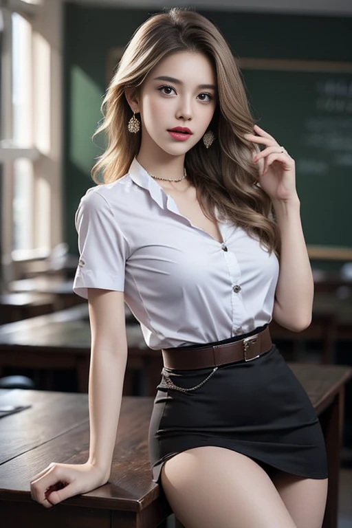 (8K,high resolution,Masterpiece, best quality, alone, complicated details, Chromatic aberration), realistic, ((Moderate breath)), hair in one eye,purple eyes, round hoop earrings, sharp eyes, Diamond-encrusted choker, (symmetrical eyes),(Perfect symmetrical body),Photo of a beautiful 21 year old teenage girl,(fit the body), ,Beautiful and charming with contemporary fashion paintings as well...., looking at the audience, ((In the background of a large classroom)), (black short skirt), ((The young woman wore a form-fitting white short-sleeved shirt., Unbuttoning the buttons, Revealing a little breast..)), ((A short black pencil skirt with a deep slit on the side..)), belt, ((Put your hands down.)),Blonde hair, Bob, long hair, Lateral smoothness,,copper blonde hair, sit, sharp eyeliner, Eye shadow blush with thick eyelashes, Very delicate and beautiful, round chin, Sharp focus, elegant,sitบนโต๊ะเรียน ยกขาข้างหนึ่งขึ้นให้อยู่ในระดับสายตา, The legs are slightly separated..,dynamic gesture,