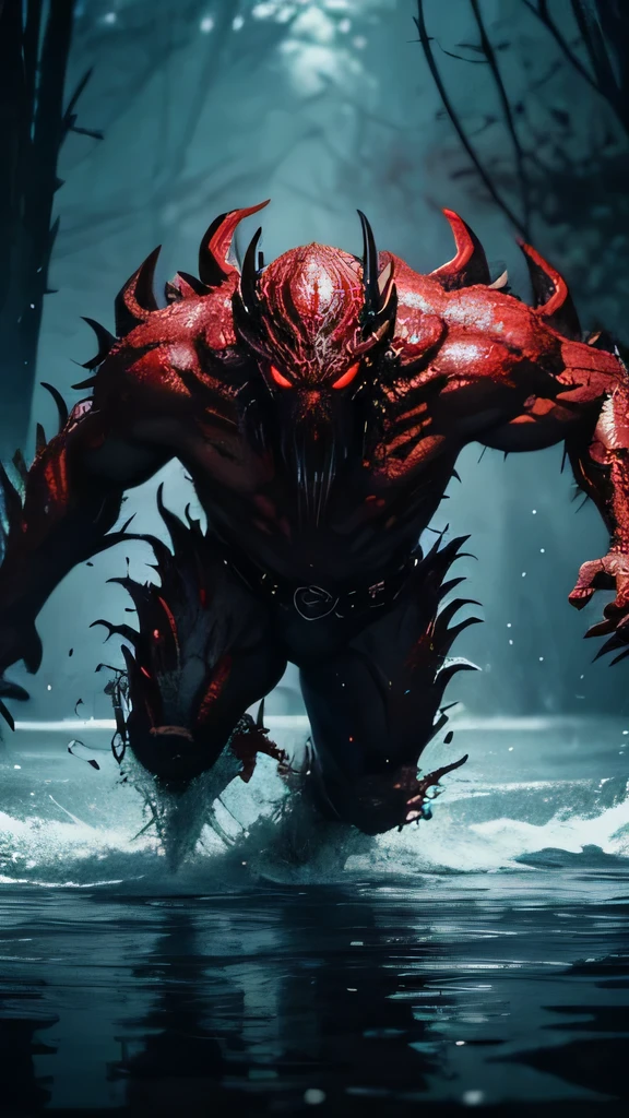 A monster with red eyes running on water 