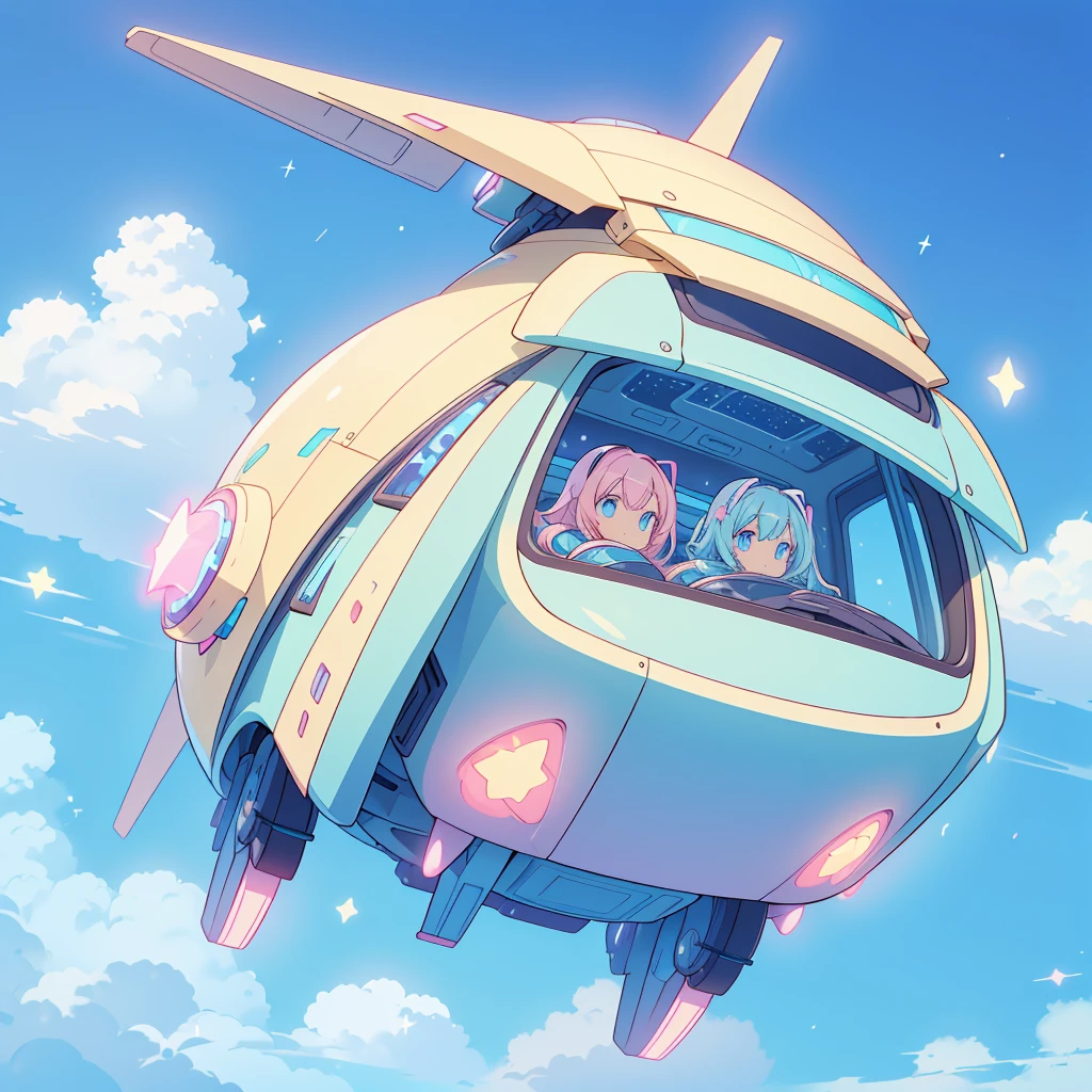 A futuristic flying star-shaped pastel-colored vehicle、kawaii tech,No people、