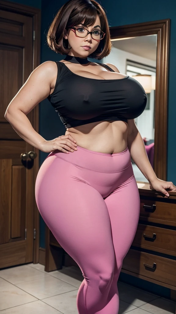 Velma from Scooby-Doo, always repeating the same face, always repeating the same appearance, always repeating the same proportions, always repeating the same clothes, alone, wearing legging and micro blouse (chubby:1.1), (huge breasts:1.3),