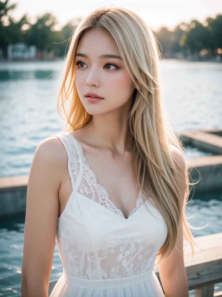 best qualtiy, masterpiece, (realistic:1.6), raw photograph, 1girl, portrait, white lace trim dress, view from side, deep shading, low tune, soft light, looking to the front, sexy pose, long blonde hair, outdoor,water park background, njght time, rim light, bokek,