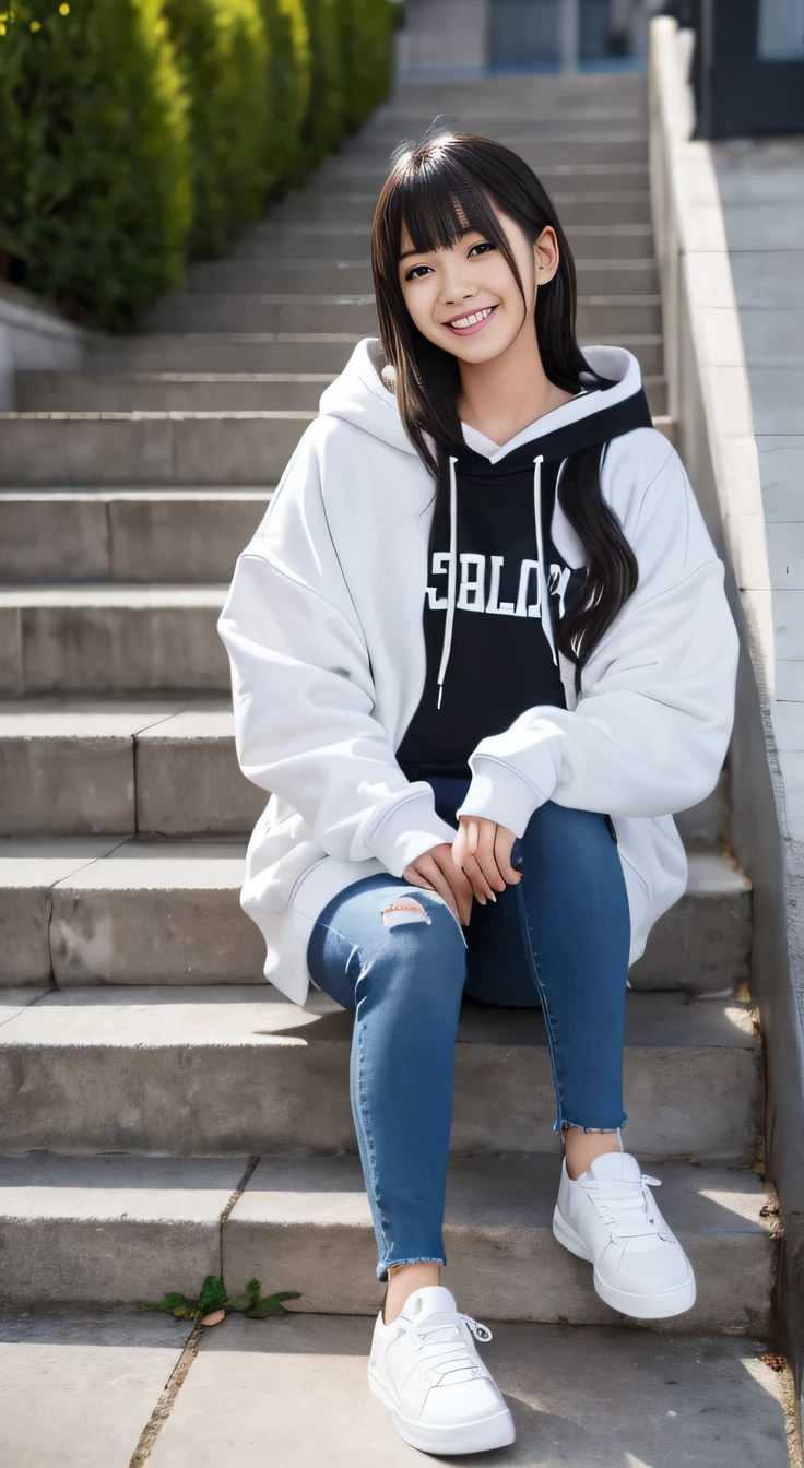 highest quality, Realistic, Very detailed, Finer details, High resolution, 8k wallpaper, One beautiful woman,Sit on the stairs、(Wear black socks)smile、(Beautiful teeth alignment、)(Gums are visible) Oversized hoodie, Skinny jeans, White sneakers、Black Hair、 Beautiful Bangs、ear piercing、、Perfect dynamic composition, Beautiful and detailed, Full Body Shot, A big smile