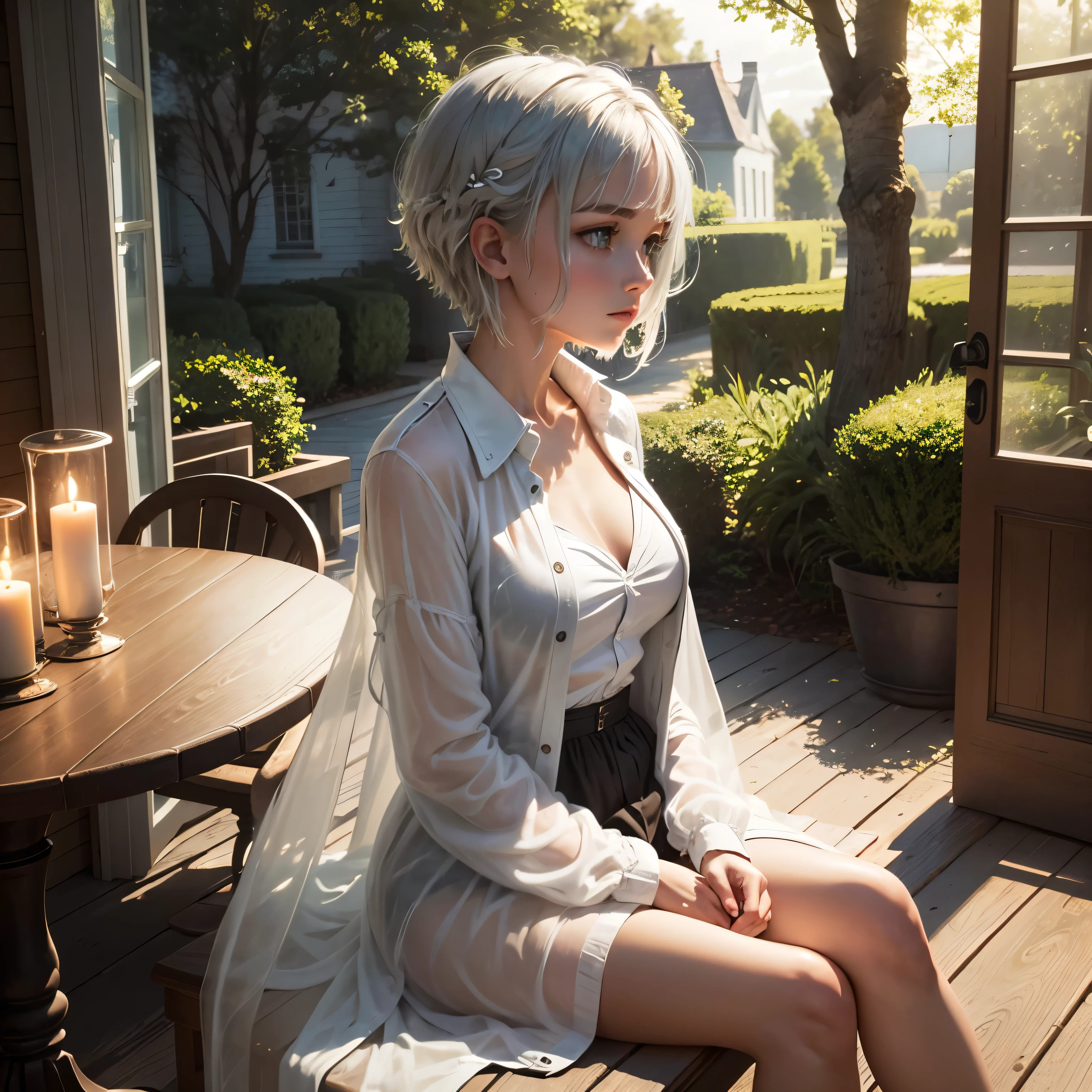 masterpiece, highest quality,Very detailed,Hyper Details, cinematic Light,, One underwear girl, alone, sit, Outdoor, Summer House, sitting in the Summer House, plant, table, chandelier, Candles, Wind, Green Eyes, Pan Green Silver Hair, short hair, Floating Hair, Light, Light frown, profile,View your viewers, dynamic_angle,The see-through happi coat is unbuttoned,nude,Lie down on the bed