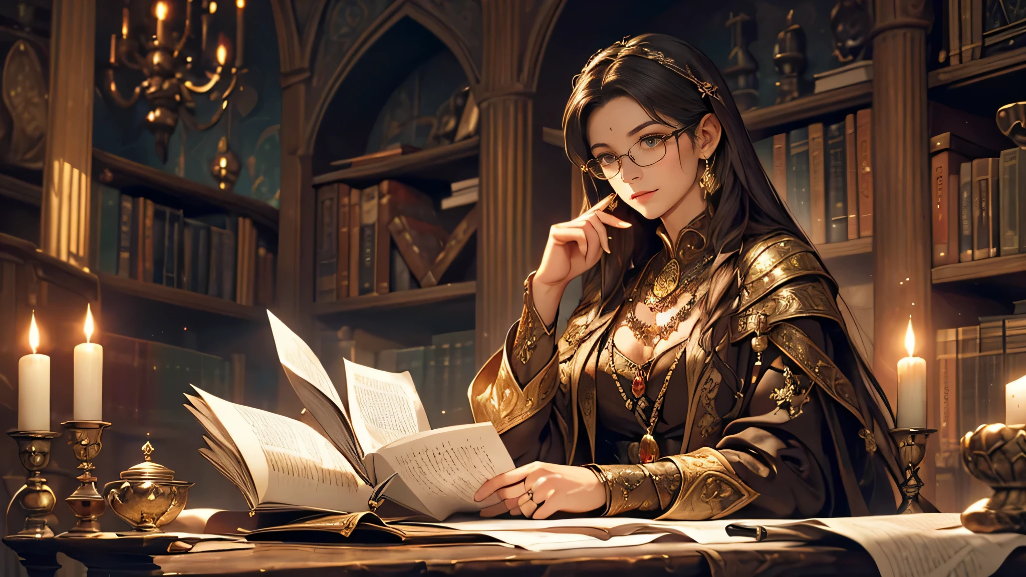 (high quality,ultra-detailed,realistic,photorealistic:1.37),dark-haired woman,beautiful detailed eyes,reading,ancient file,library,black and white curtains,Medieval fantasy theme,soft lighting,leather-bound books,mysterious atmosphere,charmingly lit candles,antique wooden bookshelves,parchment paper,brown manuscript ink,aged quill pen,mystical ambiance,dimly lit chandeliers,vintage reading glasses,magical artifacts,enchanted tome,whispered secrets,dust particles floating in the air,authentic antique furniture,vibrant stained glass windows,exquisite ironwork,elaborate tapestries of knights and dragons,ornate ceiling frescoes,golden candle holders,fragrant incense,labyrinth-like book aisles,sacred symbols and sigils,glimmering candlelight,enchanted spellbooks,echoes of ancient knowledge,captivating story unfolding,powerful mystic aura,ethereal tranquility,magical whispers of forgotten spells,secretive corners of wisdom,enchanted journey through time and imagination