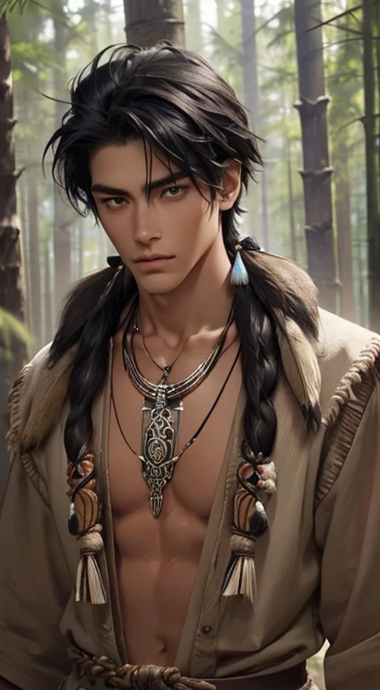 1 boy,Handsome,tall and strong,perfect male figure, eyes looking at camera, ((tanned skin)),forest,(primitive),feather headdress,Tribal totem,((Painted)),hide,black hair,serious expression,((animal bone necklace)),Ray tracing