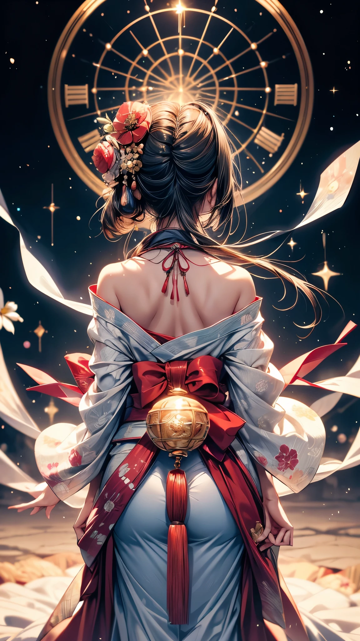  Ultra-delicate, Clear focus, (high resolution), Deformed depth of field blurred background, Detailed background, Perfect layer cutting, Atmospheric distance sense, artistic, (full-body shot/Cowboy shooting/Rear view/Top view/Top view), 8K, wallpaper, Micro light, complicated, familiar, black magician, particle, constellation, Stardust, universe, ((flower)), comfortable peace, peaceful, Japan, Himiko, kimono, With crystal, Fortune Telling, time and space,