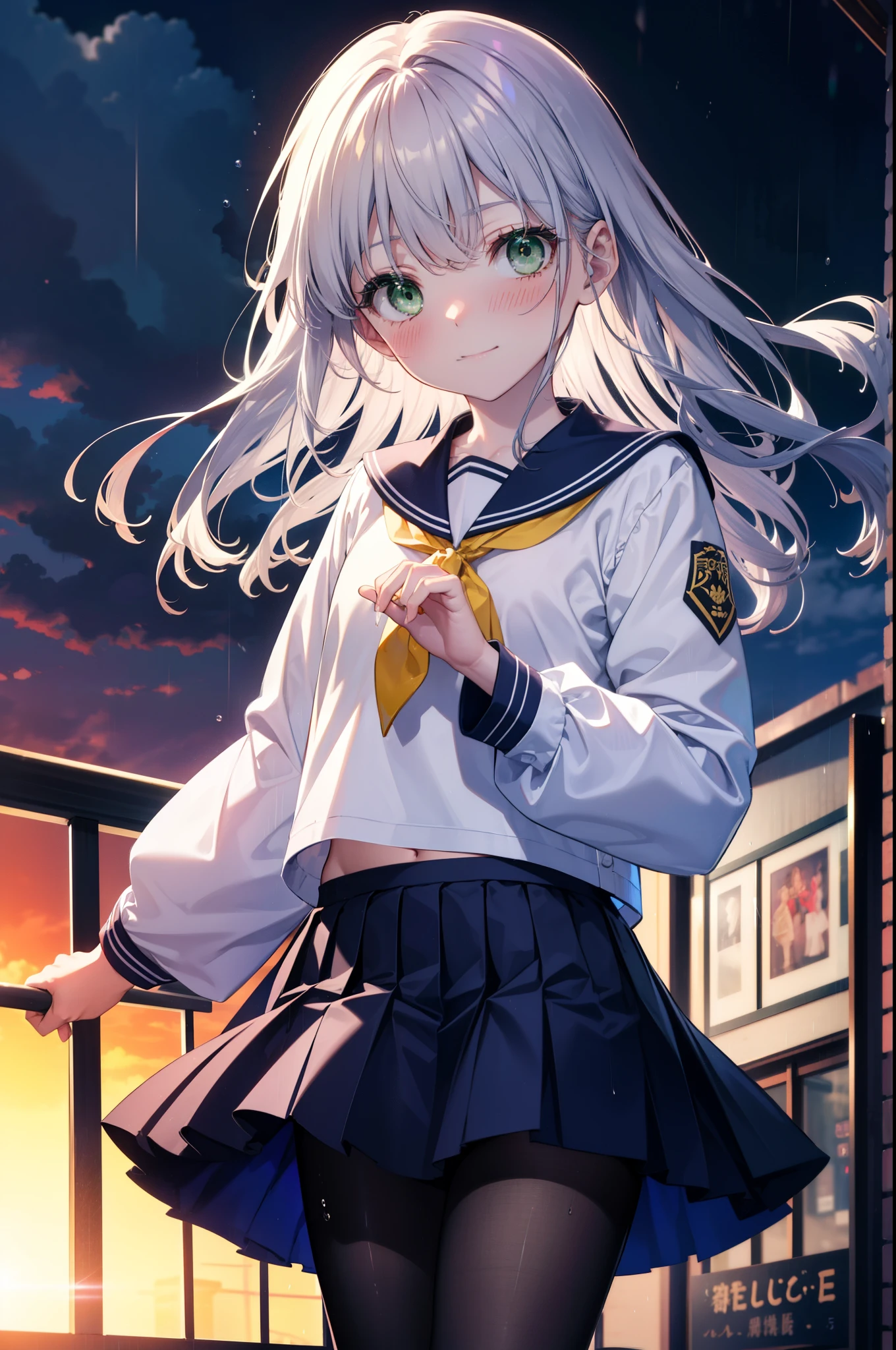 index, index, (Green Eyes:1.5), Silver Hair, Long Hair, (Flat Chest:1.2),smile,blush,Embarrassing,Upper Eyes, uniform(Purple sailor suit),Purple pleated skirt,Black pantyhose,Brown Loafers,rain,cloudy,屋根がある建物でrainから隠れる,rain宿り,Puddle,evening,cloudy空,
break looking at viewer, Upper Body, whole body,(Cowboy Shot:1. 5)
break otdoors,In town,Building district,
break (masterpiece:1.2), highest quality, High resolution, unity 8k wallpaper, (figure:0.8), (Beautiful fine details:1.6), Highly detailed face, Perfect lighting, Highly detailed CG, (Perfect hands, Perfect Anatomy),