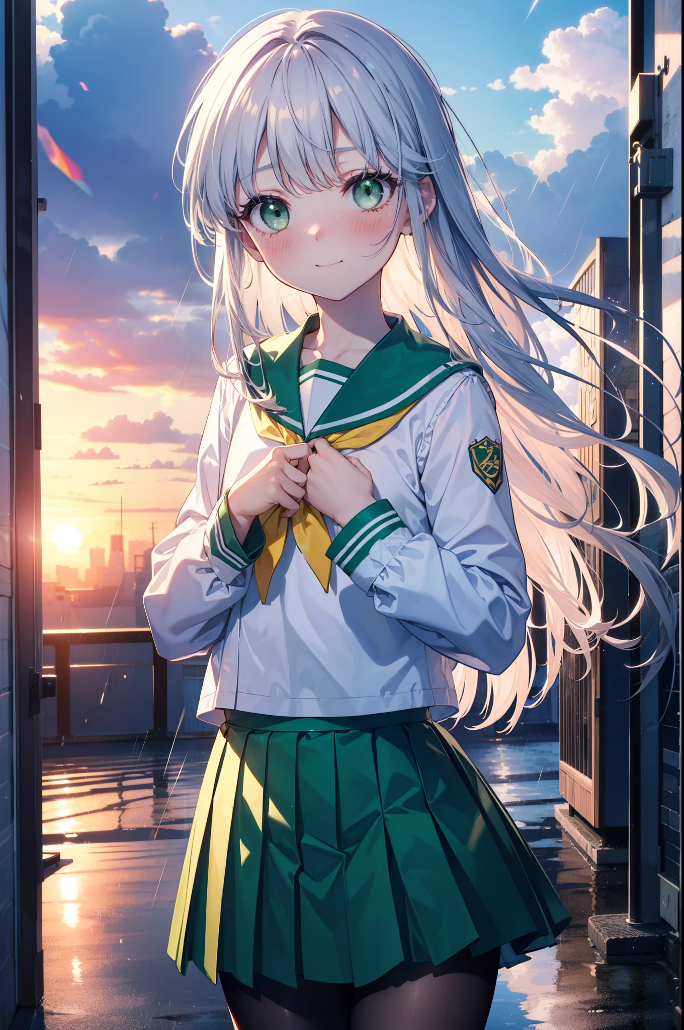 index, index, (Green Eyes:1.5), Silver Hair, Long Hair, (Flat Chest:1.2),smile,blush,Embarrassing,Upper Eyes, uniform(Yellow sailor suit),Yellow pleated skirt,Black pantyhose,Brown Loafers,rain,cloudy,屋根がある建物でrainから隠れる,rain宿り,Puddle,evening,cloudy空,
break looking at viewer, Upper Body, whole body,(Cowboy Shot:1. 5)
break otdoors,In town,Building district,
break (masterpiece:1.2), highest quality, High resolution, unity 8k wallpaper, (figure:0.8), (Beautiful fine details:1.6), Highly detailed face, Perfect lighting, Highly detailed CG, (Perfect hands, Perfect Anatomy),
