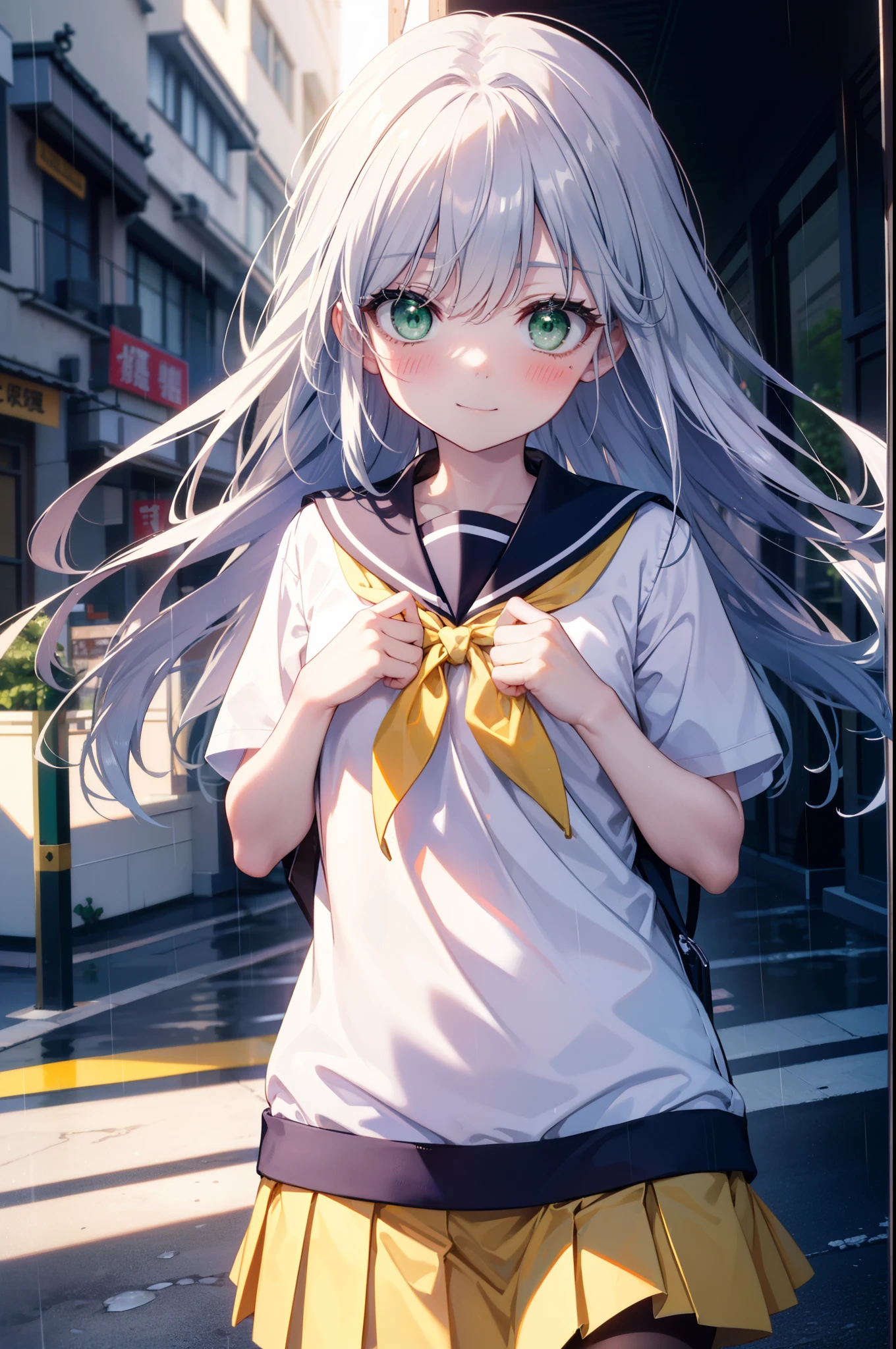 index, index, (Green Eyes:1.5), Silver Hair, Long Hair, (Flat Chest:1.2),smile,blush,Embarrassing,Upper Eyes, uniform(Yellow sailor suit),Yellow pleated skirt,Black pantyhose,Brown Loafers,rain,cloudy,屋根がある建物でrainから隠れる,rain宿り,Puddle,evening,cloudy空,
break looking at viewer, Upper Body, whole body,(Cowboy Shot:1. 5)
break otdoors,In town,Building district,
break (masterpiece:1.2), highest quality, High resolution, unity 8k wallpaper, (figure:0.8), (Beautiful fine details:1.6), Highly detailed face, Perfect lighting, Highly detailed CG, (Perfect hands, Perfect Anatomy),